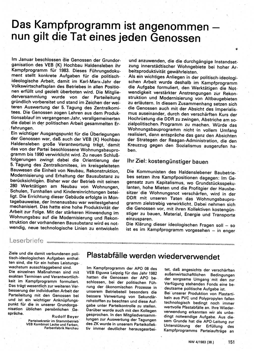 Neuer Weg (NW), Organ des Zentralkomitees (ZK) der SED (Sozialistische Einheitspartei Deutschlands) für Fragen des Parteilebens, 38. Jahrgang [Deutsche Demokratische Republik (DDR)] 1983, Seite 151 (NW ZK SED DDR 1983, S. 151)