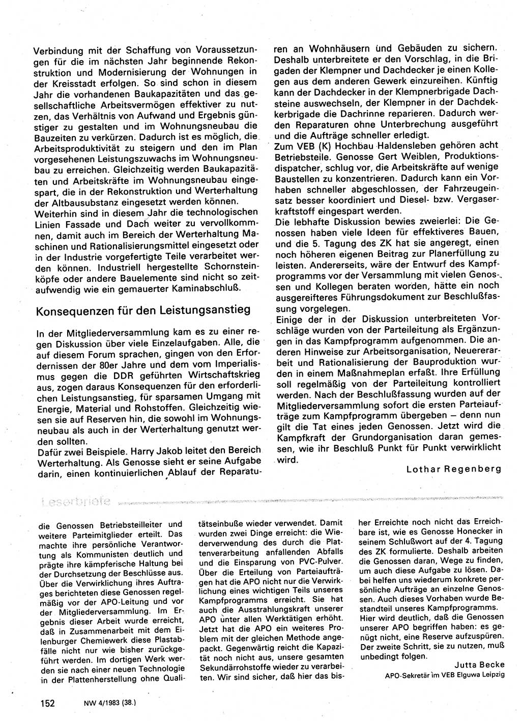 Neuer Weg (NW), Organ des Zentralkomitees (ZK) der SED (Sozialistische Einheitspartei Deutschlands) für Fragen des Parteilebens, 38. Jahrgang [Deutsche Demokratische Republik (DDR)] 1983, Seite 152 (NW ZK SED DDR 1983, S. 152)
