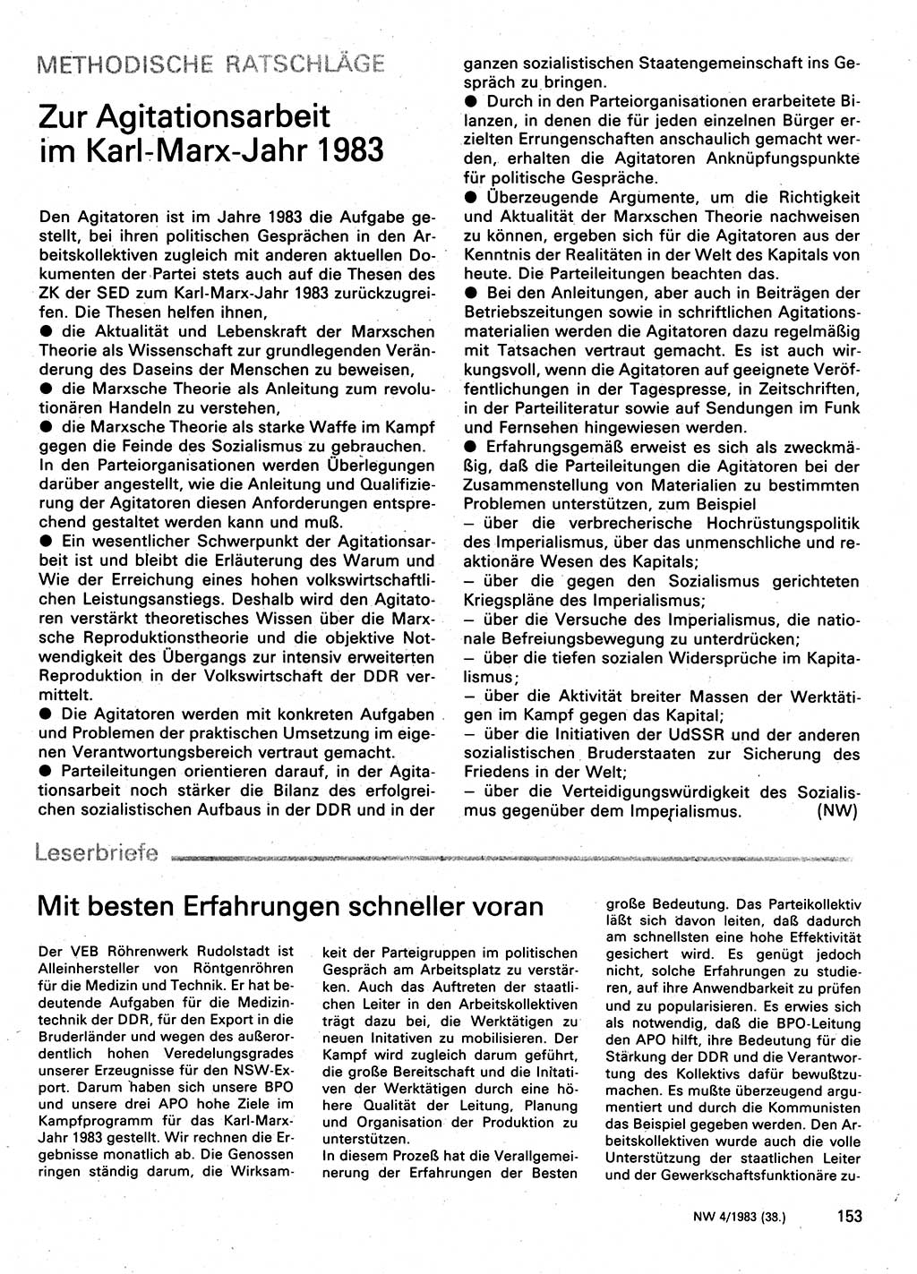 Neuer Weg (NW), Organ des Zentralkomitees (ZK) der SED (Sozialistische Einheitspartei Deutschlands) für Fragen des Parteilebens, 38. Jahrgang [Deutsche Demokratische Republik (DDR)] 1983, Seite 153 (NW ZK SED DDR 1983, S. 153)