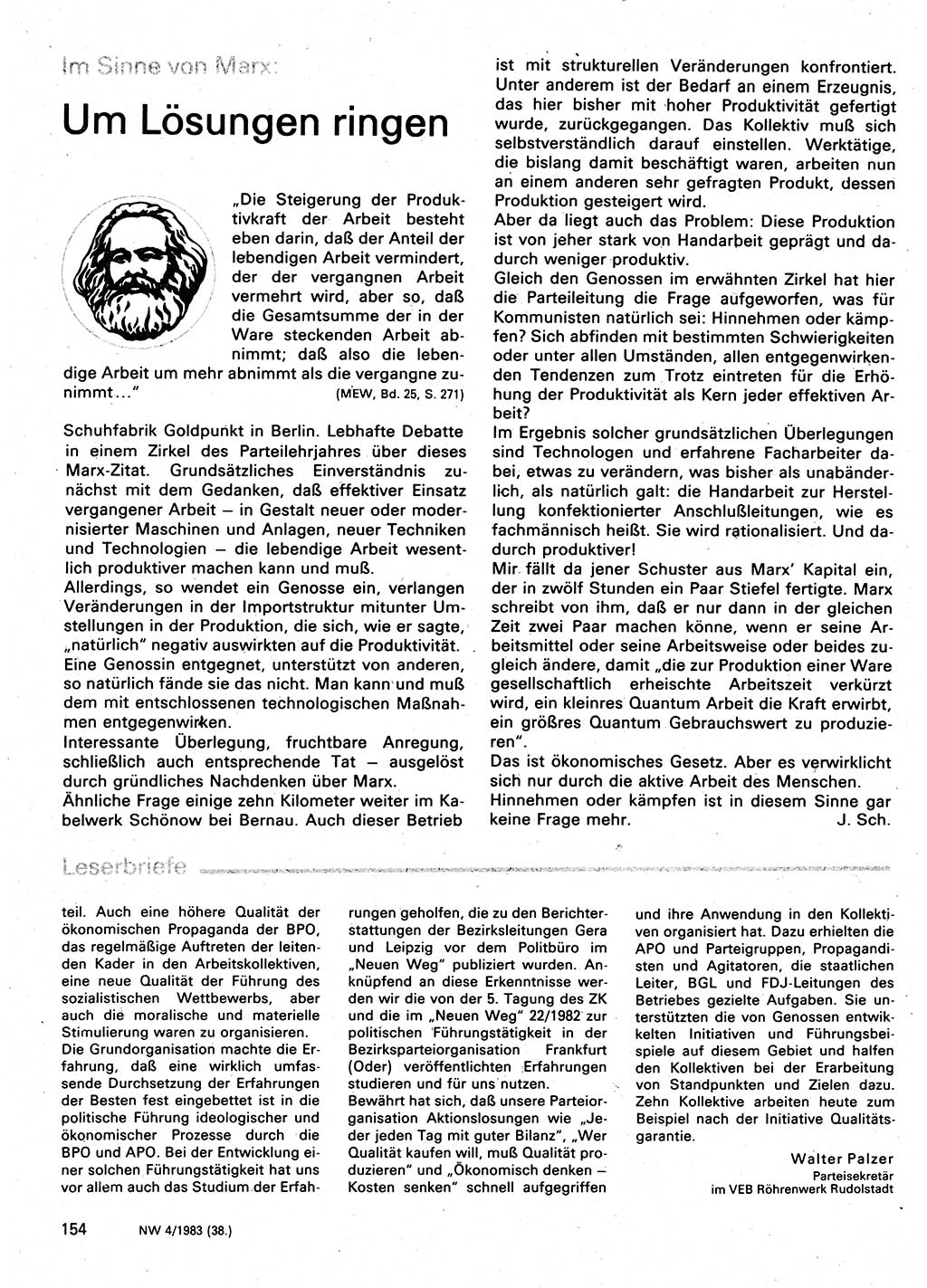 Neuer Weg (NW), Organ des Zentralkomitees (ZK) der SED (Sozialistische Einheitspartei Deutschlands) für Fragen des Parteilebens, 38. Jahrgang [Deutsche Demokratische Republik (DDR)] 1983, Seite 154 (NW ZK SED DDR 1983, S. 154)