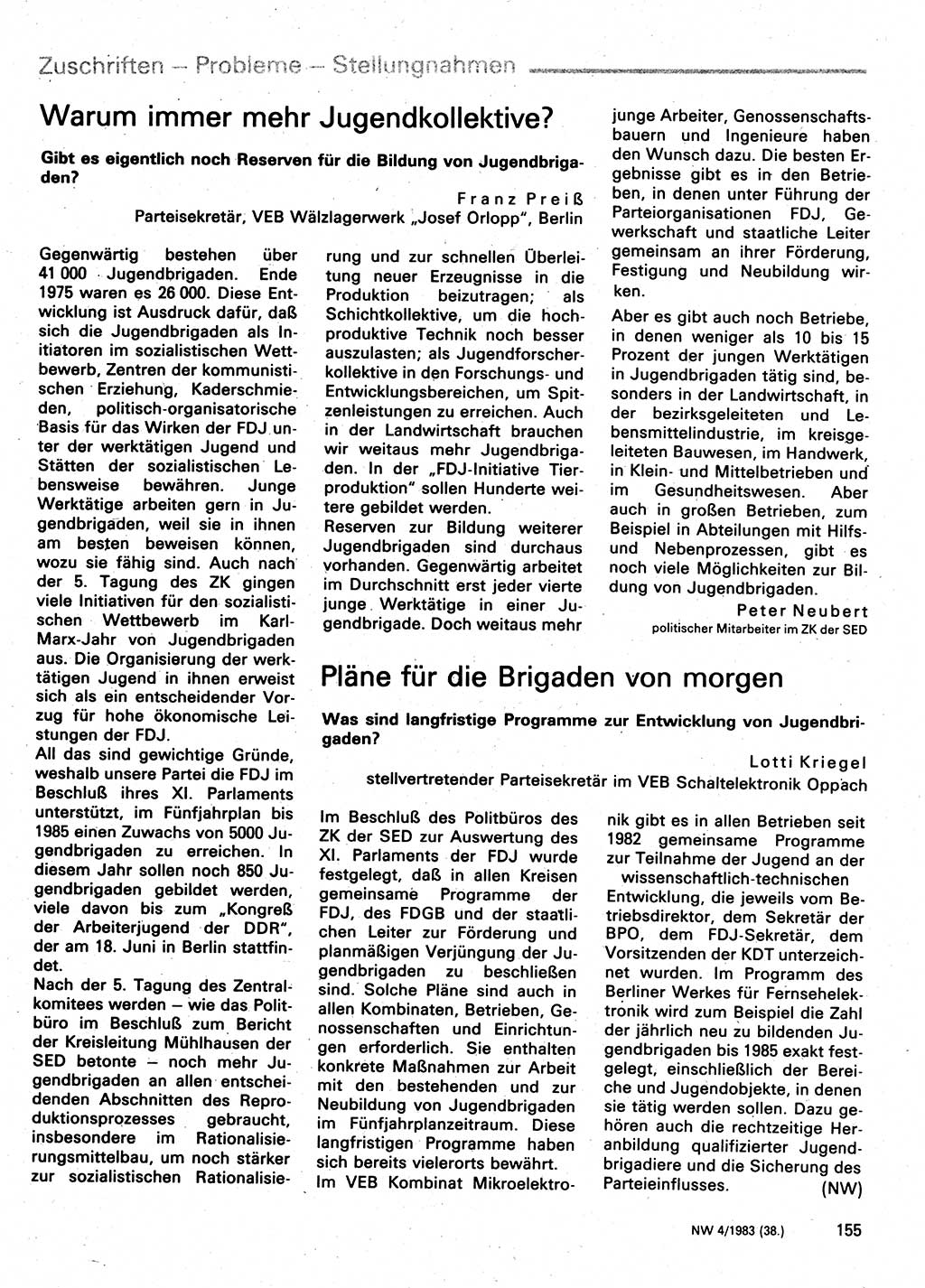 Neuer Weg (NW), Organ des Zentralkomitees (ZK) der SED (Sozialistische Einheitspartei Deutschlands) für Fragen des Parteilebens, 38. Jahrgang [Deutsche Demokratische Republik (DDR)] 1983, Seite 155 (NW ZK SED DDR 1983, S. 155)