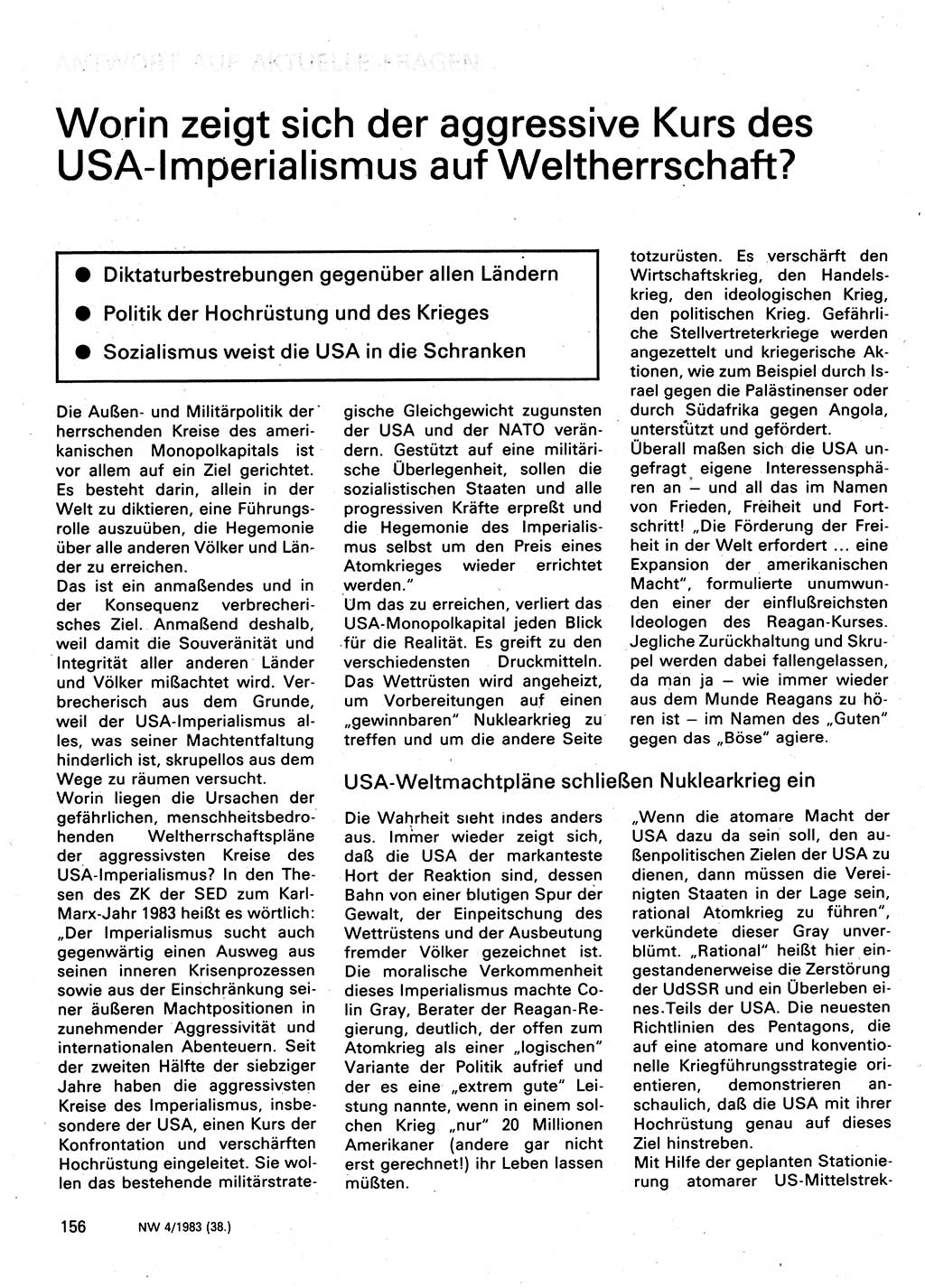 Neuer Weg (NW), Organ des Zentralkomitees (ZK) der SED (Sozialistische Einheitspartei Deutschlands) für Fragen des Parteilebens, 38. Jahrgang [Deutsche Demokratische Republik (DDR)] 1983, Seite 156 (NW ZK SED DDR 1983, S. 156)