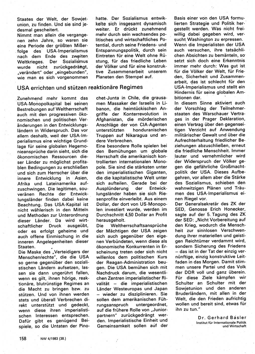 Neuer Weg (NW), Organ des Zentralkomitees (ZK) der SED (Sozialistische Einheitspartei Deutschlands) für Fragen des Parteilebens, 38. Jahrgang [Deutsche Demokratische Republik (DDR)] 1983, Seite 158 (NW ZK SED DDR 1983, S. 158)