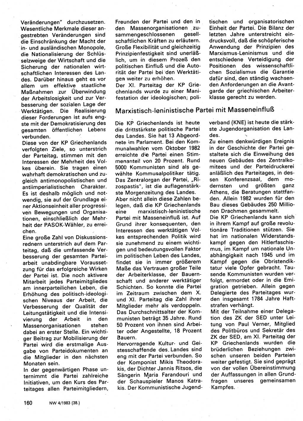 Neuer Weg (NW), Organ des Zentralkomitees (ZK) der SED (Sozialistische Einheitspartei Deutschlands) für Fragen des Parteilebens, 38. Jahrgang [Deutsche Demokratische Republik (DDR)] 1983, Seite 160 (NW ZK SED DDR 1983, S. 160)