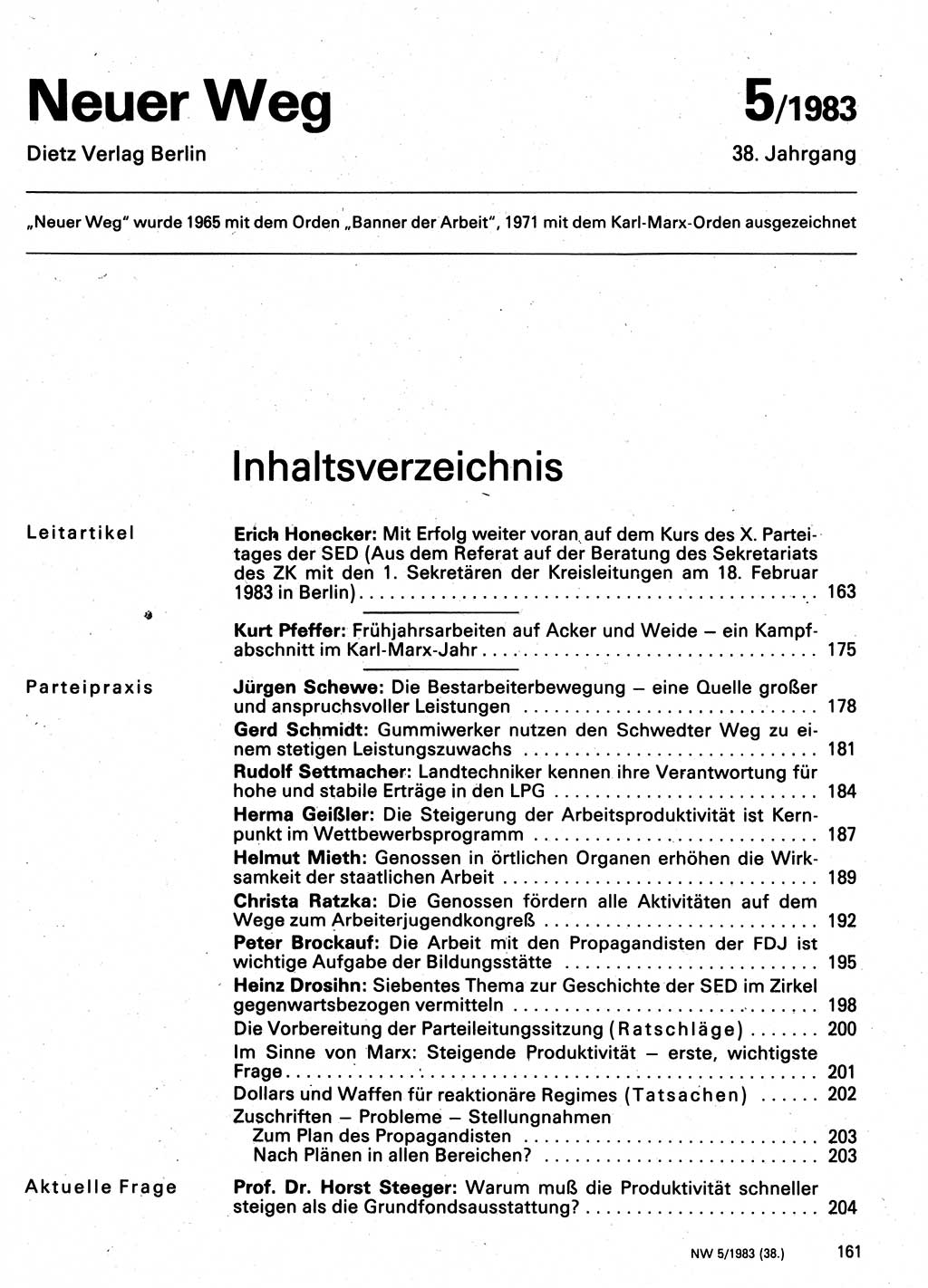 Neuer Weg (NW), Organ des Zentralkomitees (ZK) der SED (Sozialistische Einheitspartei Deutschlands) für Fragen des Parteilebens, 38. Jahrgang [Deutsche Demokratische Republik (DDR)] 1983, Seite 161 (NW ZK SED DDR 1983, S. 161)