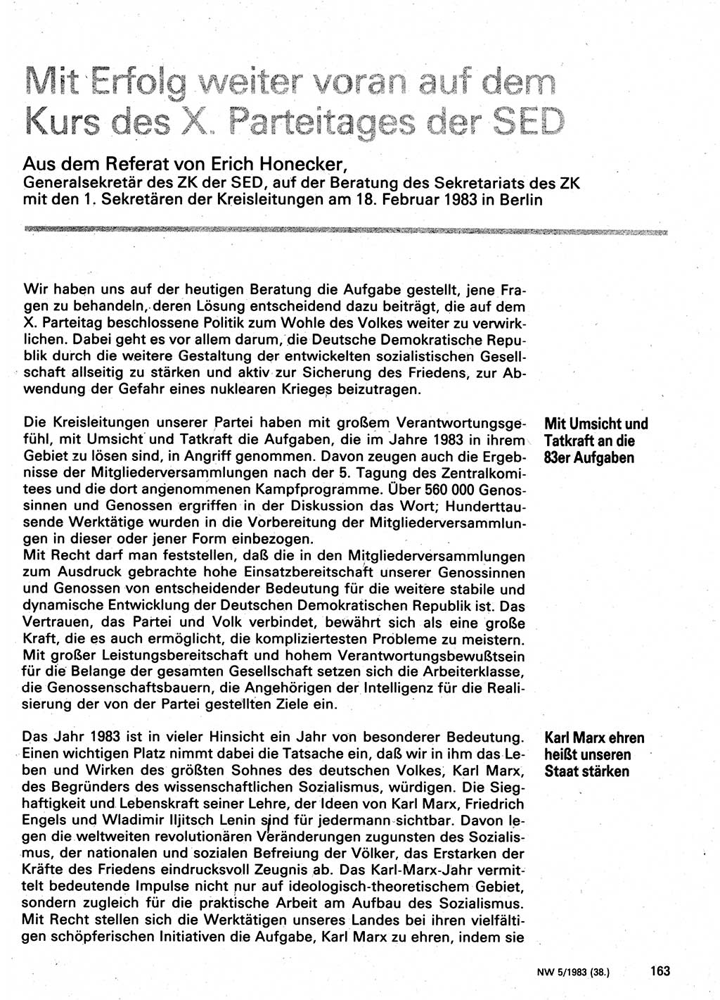 Neuer Weg (NW), Organ des Zentralkomitees (ZK) der SED (Sozialistische Einheitspartei Deutschlands) für Fragen des Parteilebens, 38. Jahrgang [Deutsche Demokratische Republik (DDR)] 1983, Seite 163 (NW ZK SED DDR 1983, S. 163)