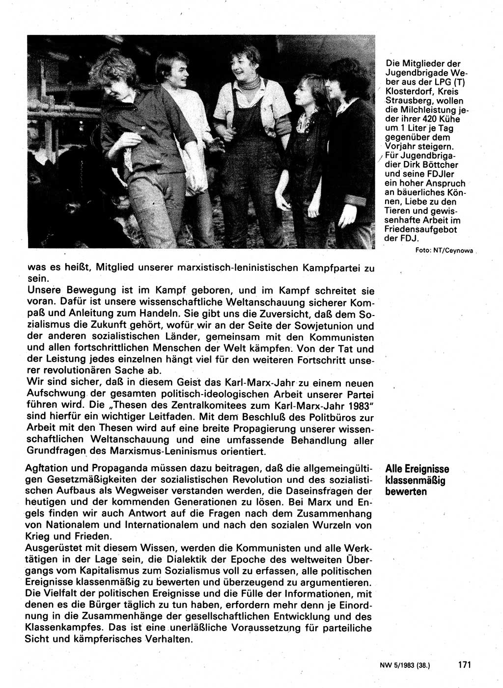 Neuer Weg (NW), Organ des Zentralkomitees (ZK) der SED (Sozialistische Einheitspartei Deutschlands) für Fragen des Parteilebens, 38. Jahrgang [Deutsche Demokratische Republik (DDR)] 1983, Seite 171 (NW ZK SED DDR 1983, S. 171)