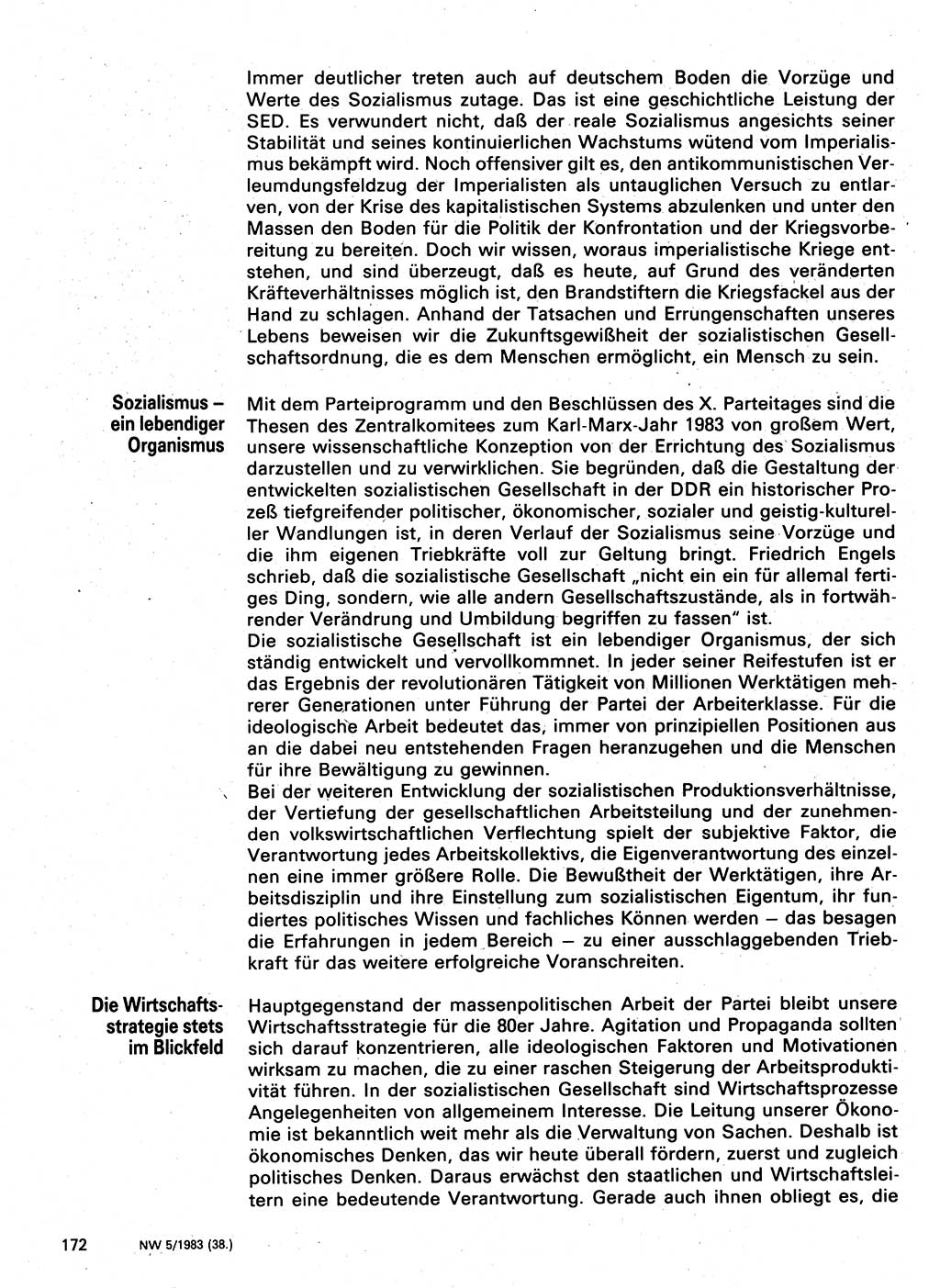 Neuer Weg (NW), Organ des Zentralkomitees (ZK) der SED (Sozialistische Einheitspartei Deutschlands) für Fragen des Parteilebens, 38. Jahrgang [Deutsche Demokratische Republik (DDR)] 1983, Seite 172 (NW ZK SED DDR 1983, S. 172)