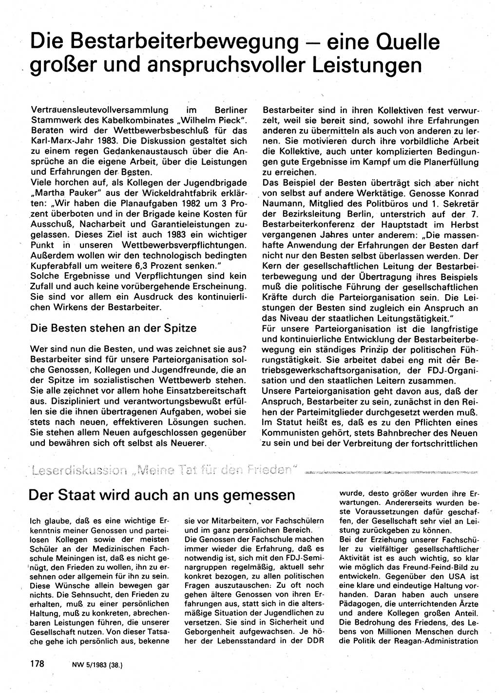 Neuer Weg (NW), Organ des Zentralkomitees (ZK) der SED (Sozialistische Einheitspartei Deutschlands) für Fragen des Parteilebens, 38. Jahrgang [Deutsche Demokratische Republik (DDR)] 1983, Seite 178 (NW ZK SED DDR 1983, S. 178)