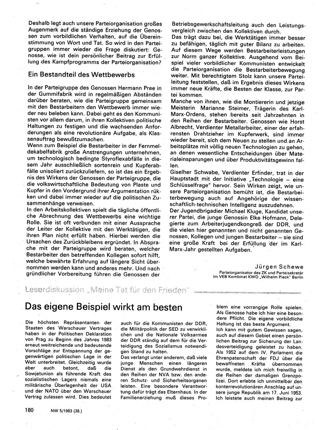Neuer Weg (NW), Organ des Zentralkomitees (ZK) der SED (Sozialistische Einheitspartei Deutschlands) für Fragen des Parteilebens, 38. Jahrgang [Deutsche Demokratische Republik (DDR)] 1983, Seite 180 (NW ZK SED DDR 1983, S. 180)
