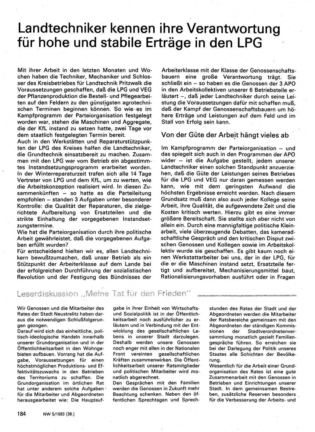 Neuer Weg (NW), Organ des Zentralkomitees (ZK) der SED (Sozialistische Einheitspartei Deutschlands) für Fragen des Parteilebens, 38. Jahrgang [Deutsche Demokratische Republik (DDR)] 1983, Seite 184 (NW ZK SED DDR 1983, S. 184)