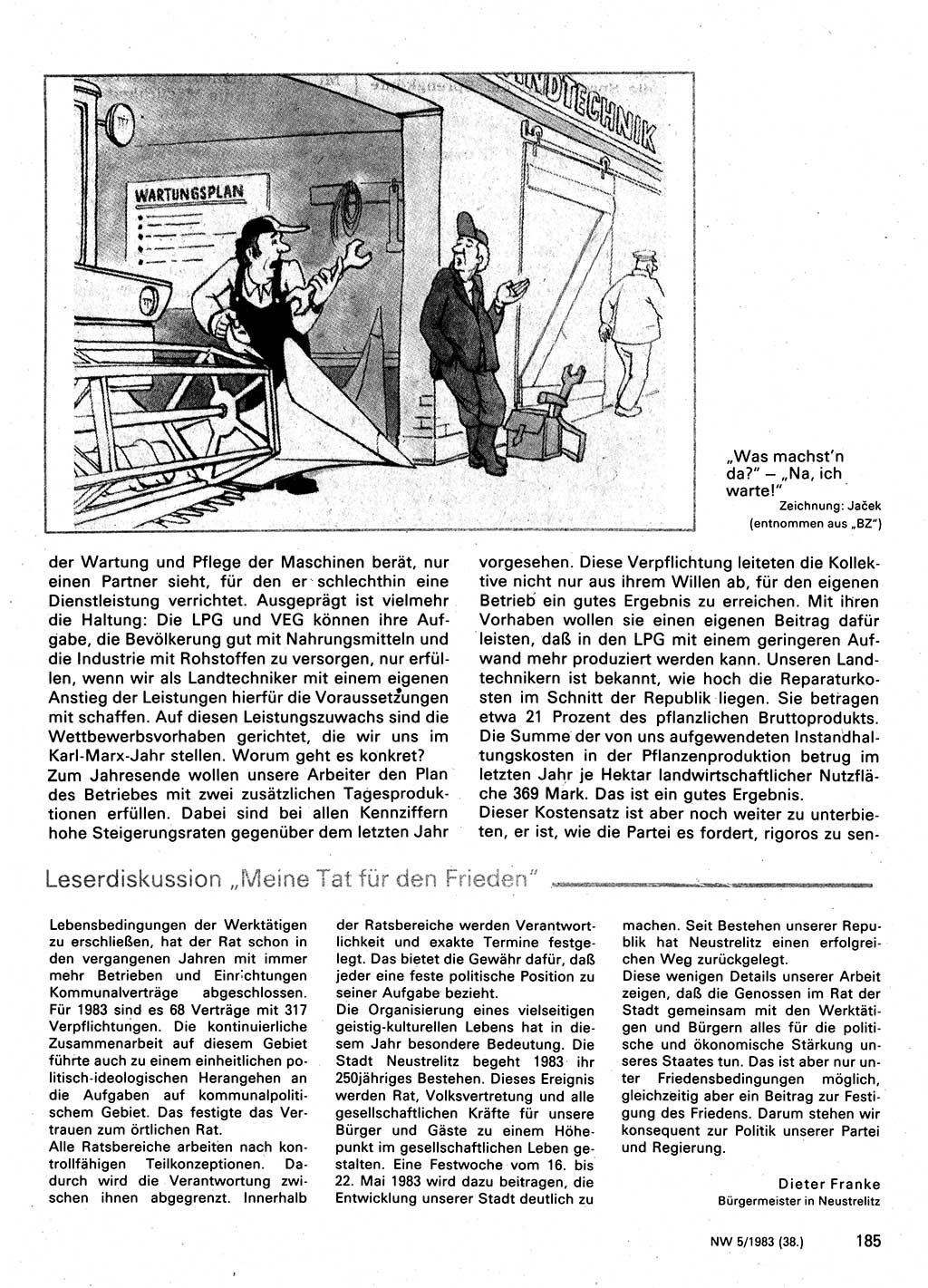 Neuer Weg (NW), Organ des Zentralkomitees (ZK) der SED (Sozialistische Einheitspartei Deutschlands) für Fragen des Parteilebens, 38. Jahrgang [Deutsche Demokratische Republik (DDR)] 1983, Seite 185 (NW ZK SED DDR 1983, S. 185)