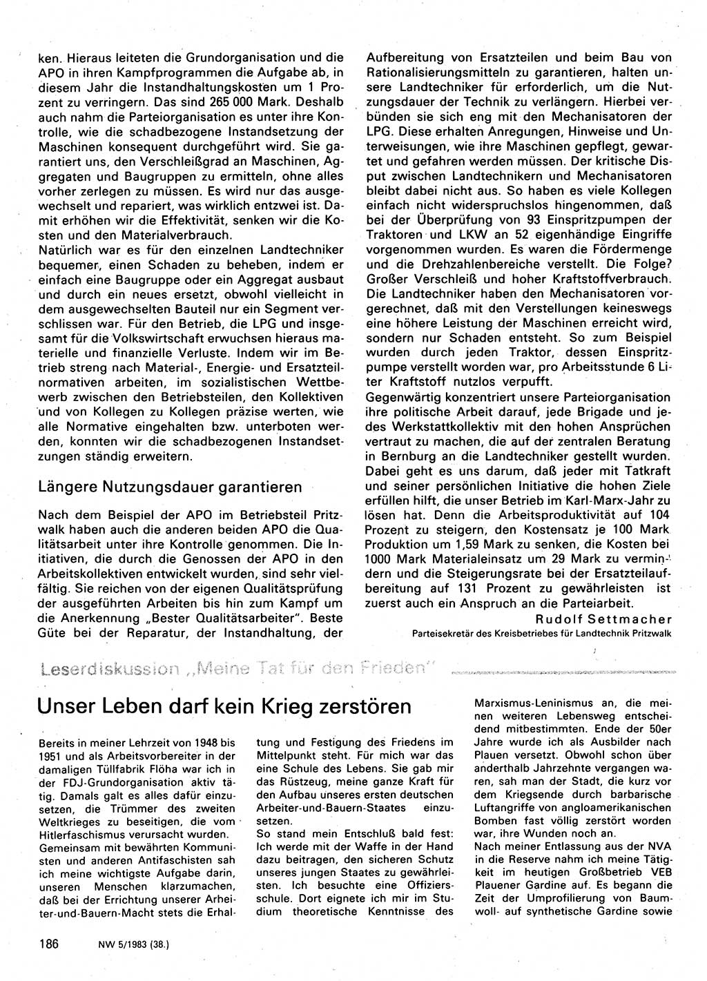 Neuer Weg (NW), Organ des Zentralkomitees (ZK) der SED (Sozialistische Einheitspartei Deutschlands) für Fragen des Parteilebens, 38. Jahrgang [Deutsche Demokratische Republik (DDR)] 1983, Seite 186 (NW ZK SED DDR 1983, S. 186)