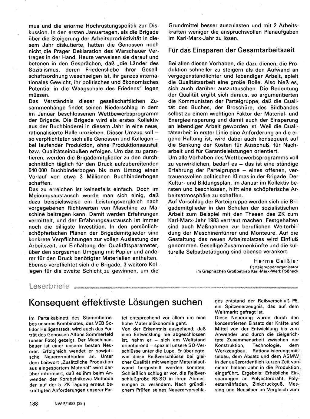 Neuer Weg (NW), Organ des Zentralkomitees (ZK) der SED (Sozialistische Einheitspartei Deutschlands) für Fragen des Parteilebens, 38. Jahrgang [Deutsche Demokratische Republik (DDR)] 1983, Seite 188 (NW ZK SED DDR 1983, S. 188)