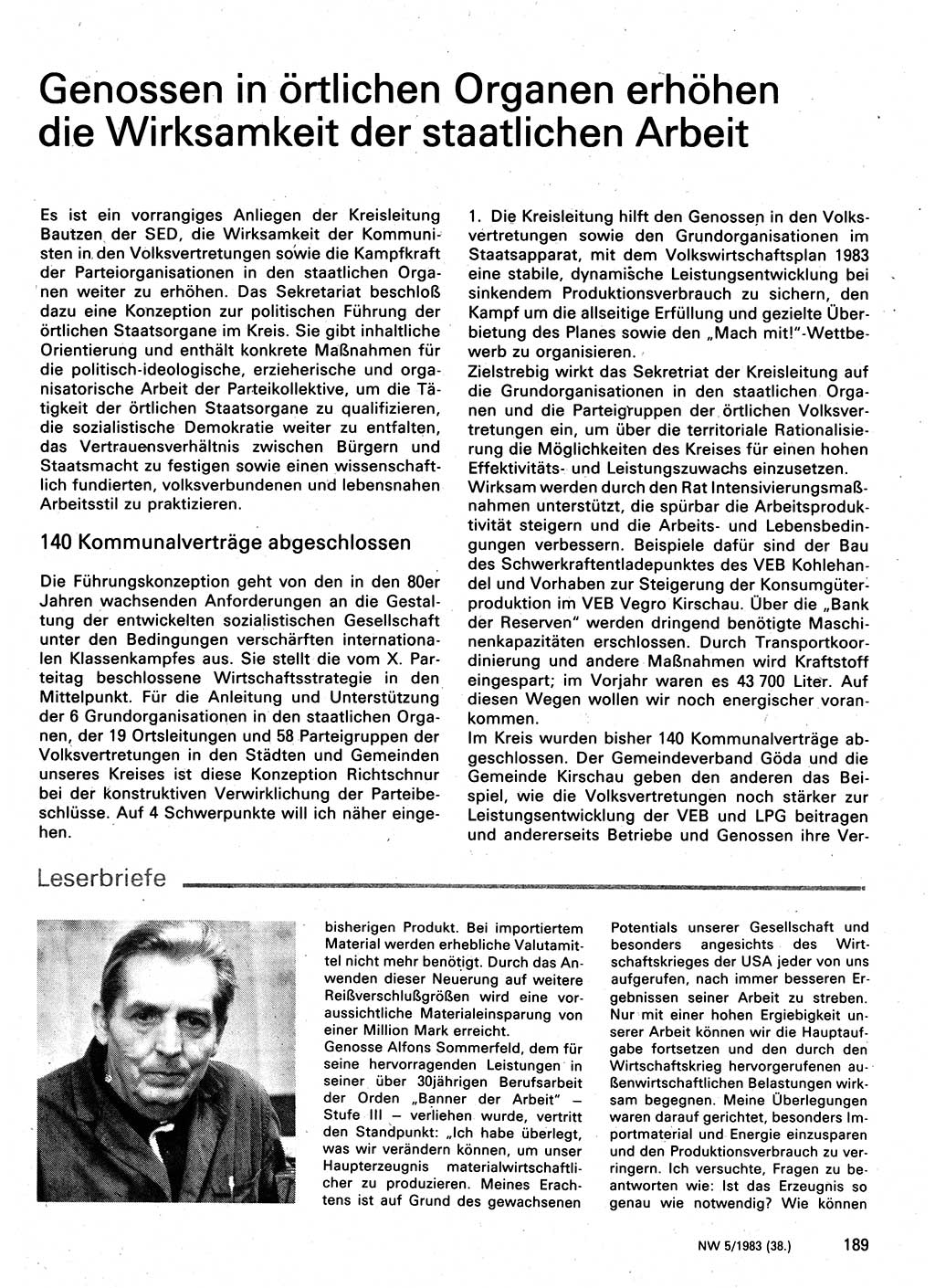 Neuer Weg (NW), Organ des Zentralkomitees (ZK) der SED (Sozialistische Einheitspartei Deutschlands) für Fragen des Parteilebens, 38. Jahrgang [Deutsche Demokratische Republik (DDR)] 1983, Seite 189 (NW ZK SED DDR 1983, S. 189)