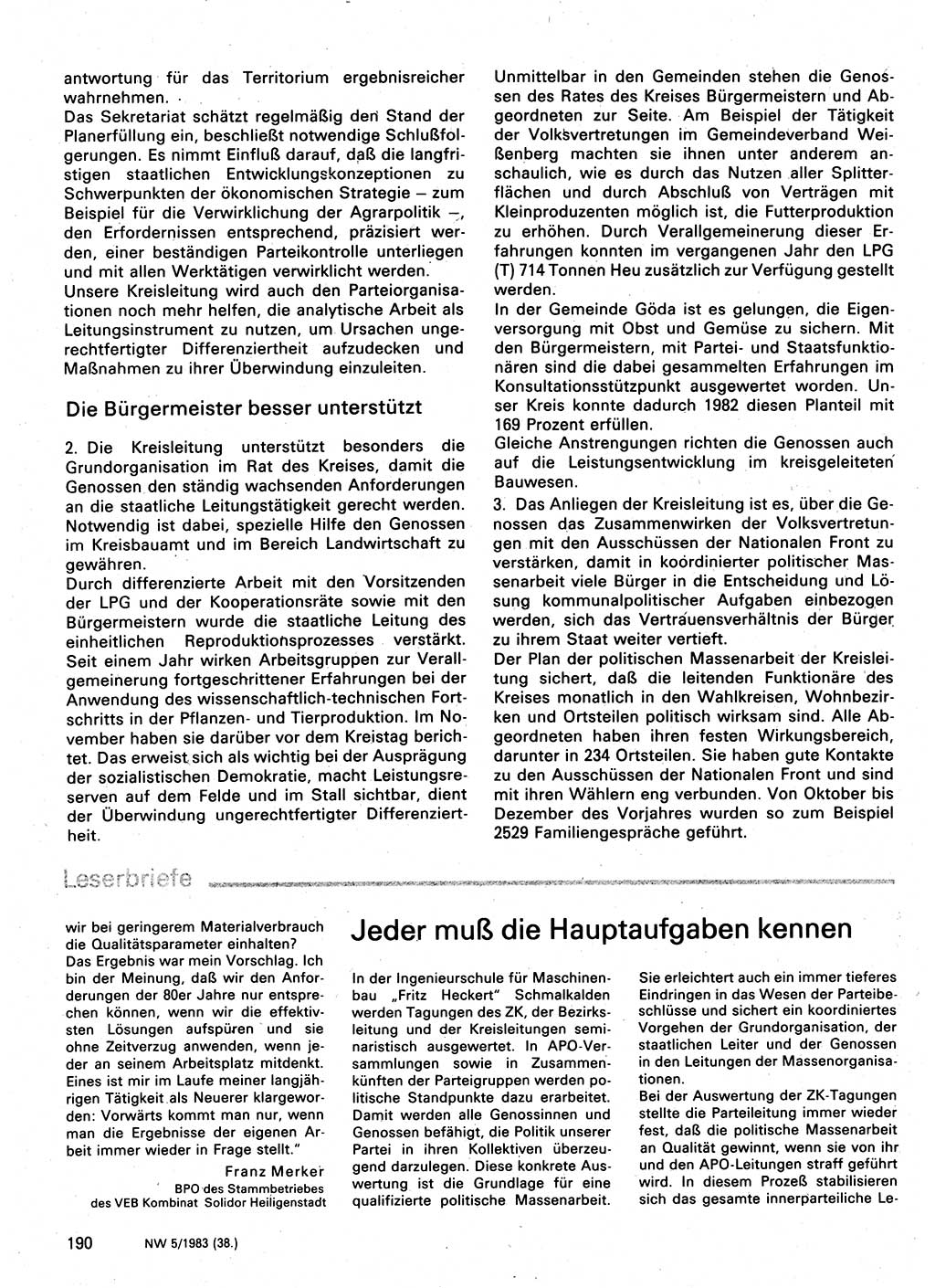 Neuer Weg (NW), Organ des Zentralkomitees (ZK) der SED (Sozialistische Einheitspartei Deutschlands) für Fragen des Parteilebens, 38. Jahrgang [Deutsche Demokratische Republik (DDR)] 1983, Seite 190 (NW ZK SED DDR 1983, S. 190)