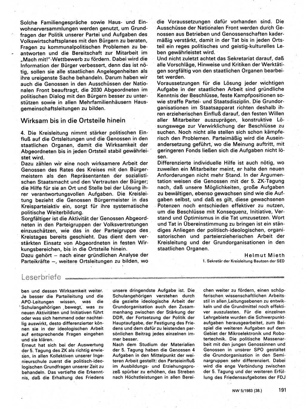 Neuer Weg (NW), Organ des Zentralkomitees (ZK) der SED (Sozialistische Einheitspartei Deutschlands) für Fragen des Parteilebens, 38. Jahrgang [Deutsche Demokratische Republik (DDR)] 1983, Seite 191 (NW ZK SED DDR 1983, S. 191)