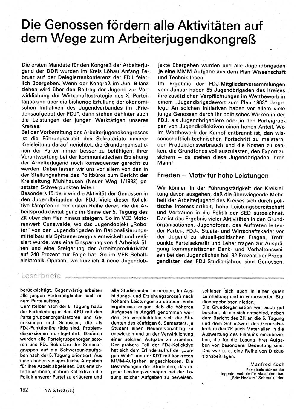 Neuer Weg (NW), Organ des Zentralkomitees (ZK) der SED (Sozialistische Einheitspartei Deutschlands) für Fragen des Parteilebens, 38. Jahrgang [Deutsche Demokratische Republik (DDR)] 1983, Seite 192 (NW ZK SED DDR 1983, S. 192)