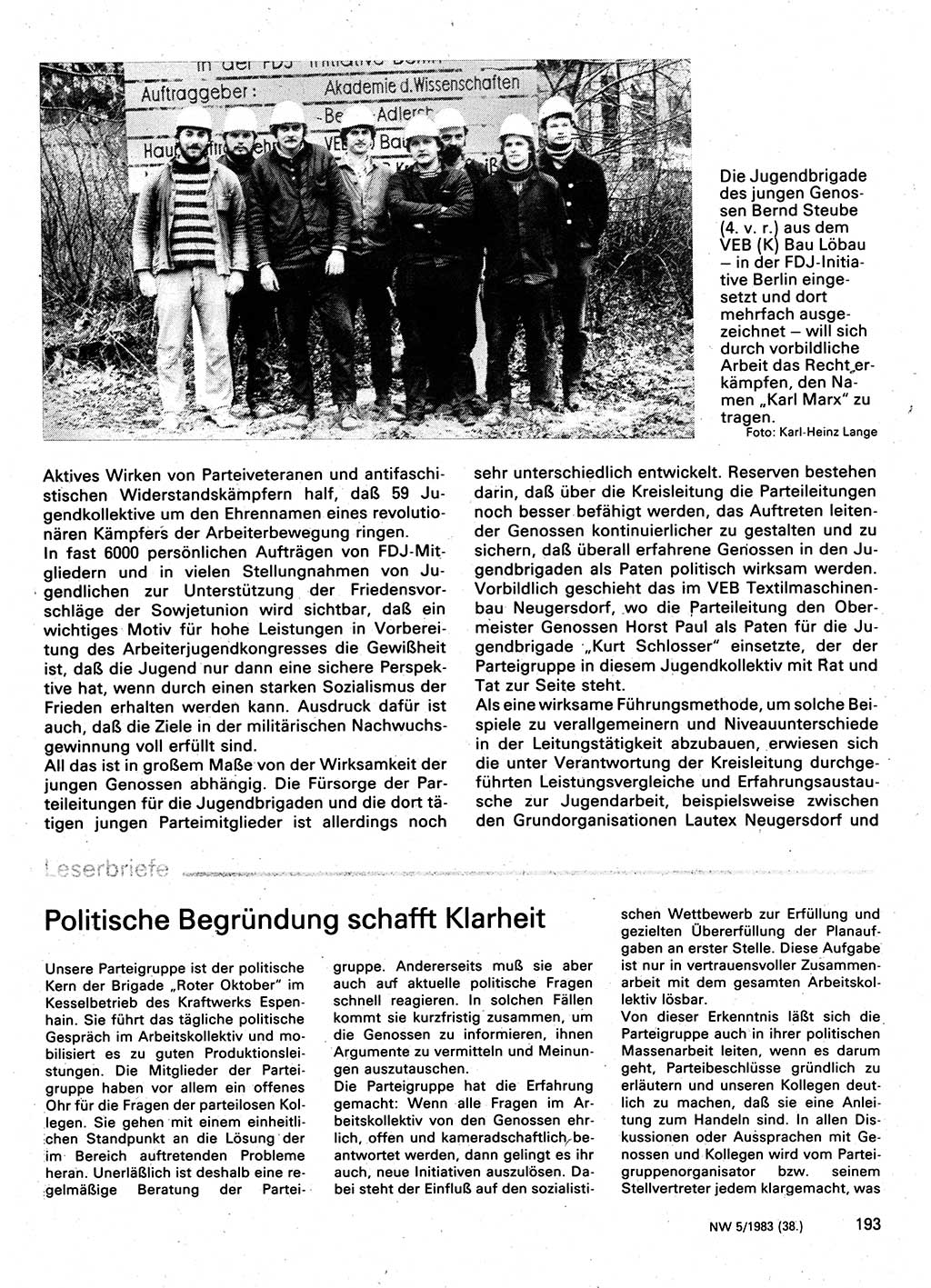 Neuer Weg (NW), Organ des Zentralkomitees (ZK) der SED (Sozialistische Einheitspartei Deutschlands) für Fragen des Parteilebens, 38. Jahrgang [Deutsche Demokratische Republik (DDR)] 1983, Seite 193 (NW ZK SED DDR 1983, S. 193)