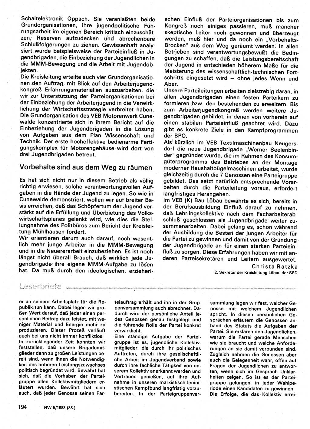 Neuer Weg (NW), Organ des Zentralkomitees (ZK) der SED (Sozialistische Einheitspartei Deutschlands) für Fragen des Parteilebens, 38. Jahrgang [Deutsche Demokratische Republik (DDR)] 1983, Seite 194 (NW ZK SED DDR 1983, S. 194)