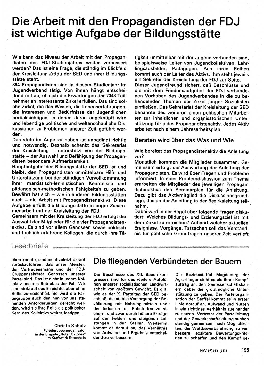 Neuer Weg (NW), Organ des Zentralkomitees (ZK) der SED (Sozialistische Einheitspartei Deutschlands) fÃ¼r Fragen des Parteilebens, 38. Jahrgang [Deutsche Demokratische Republik (DDR)] 1983, Seite 195 (NW ZK SED DDR 1983, S. 195)