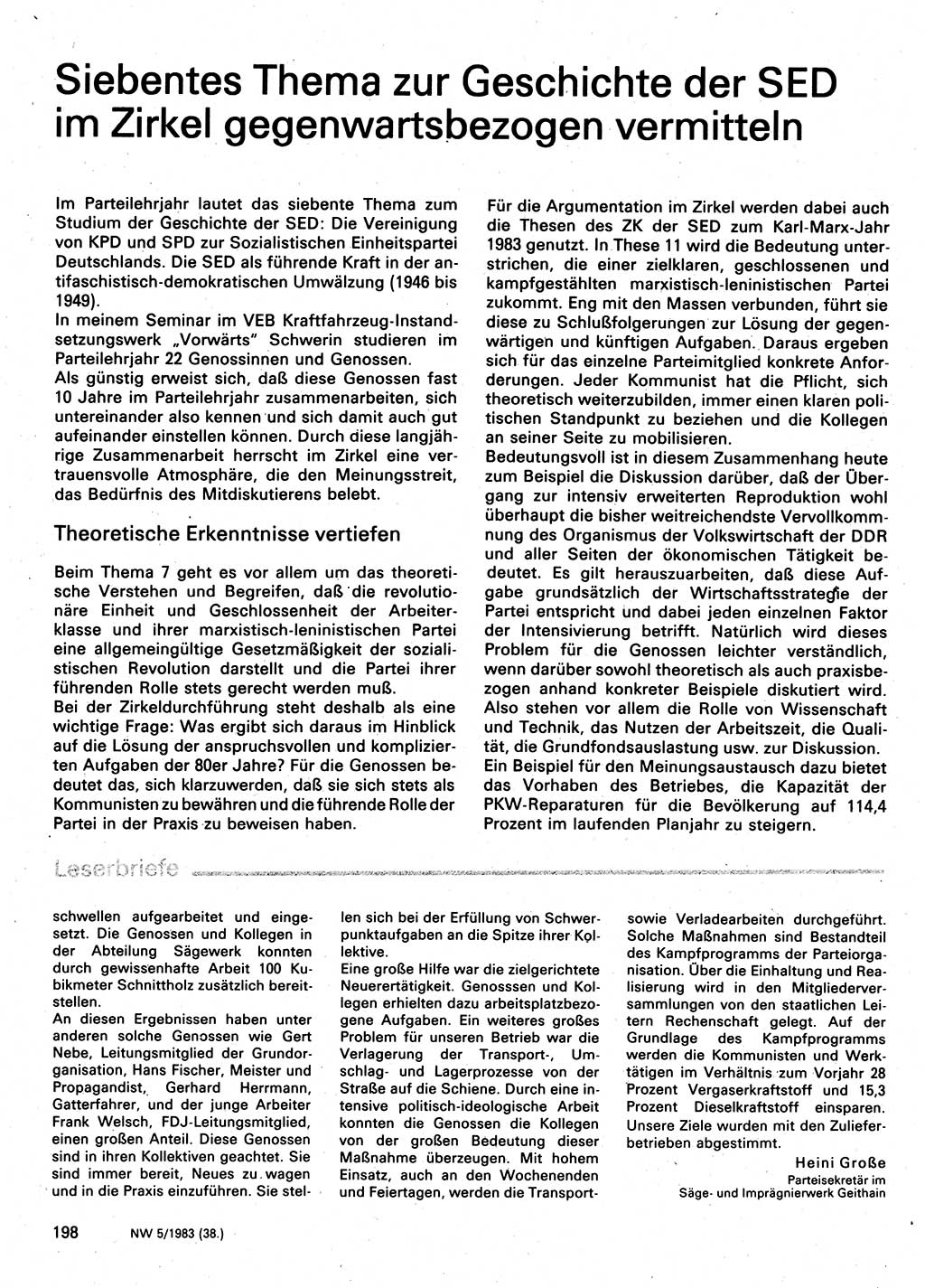 Neuer Weg (NW), Organ des Zentralkomitees (ZK) der SED (Sozialistische Einheitspartei Deutschlands) für Fragen des Parteilebens, 38. Jahrgang [Deutsche Demokratische Republik (DDR)] 1983, Seite 198 (NW ZK SED DDR 1983, S. 198)