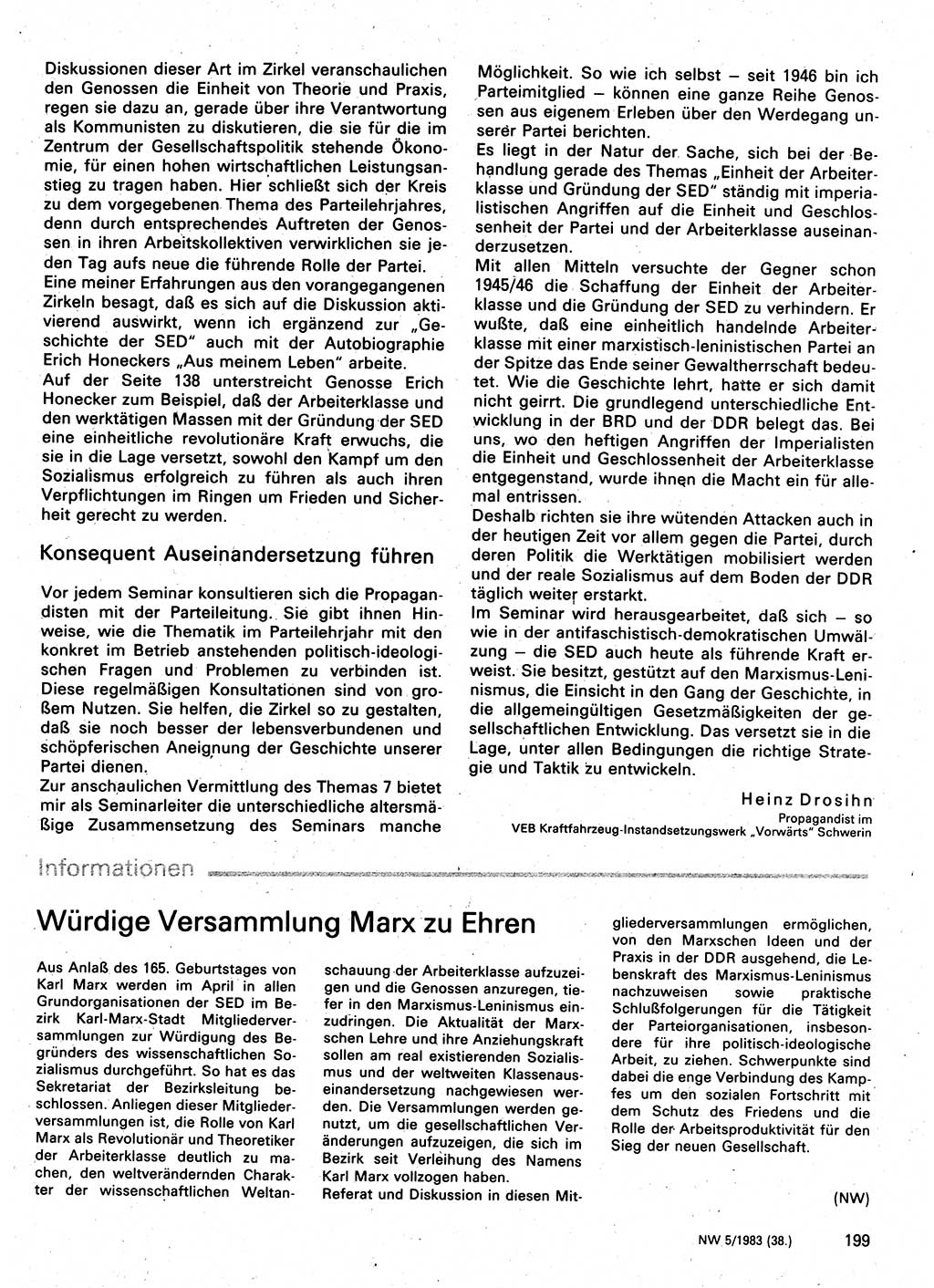 Neuer Weg (NW), Organ des Zentralkomitees (ZK) der SED (Sozialistische Einheitspartei Deutschlands) für Fragen des Parteilebens, 38. Jahrgang [Deutsche Demokratische Republik (DDR)] 1983, Seite 199 (NW ZK SED DDR 1983, S. 199)