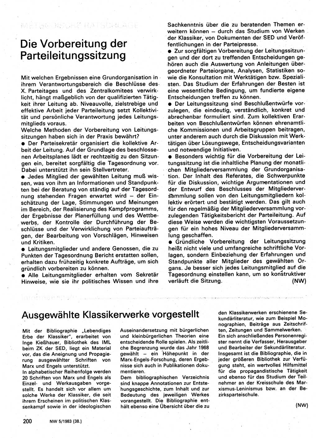 Neuer Weg (NW), Organ des Zentralkomitees (ZK) der SED (Sozialistische Einheitspartei Deutschlands) für Fragen des Parteilebens, 38. Jahrgang [Deutsche Demokratische Republik (DDR)] 1983, Seite 200 (NW ZK SED DDR 1983, S. 200)