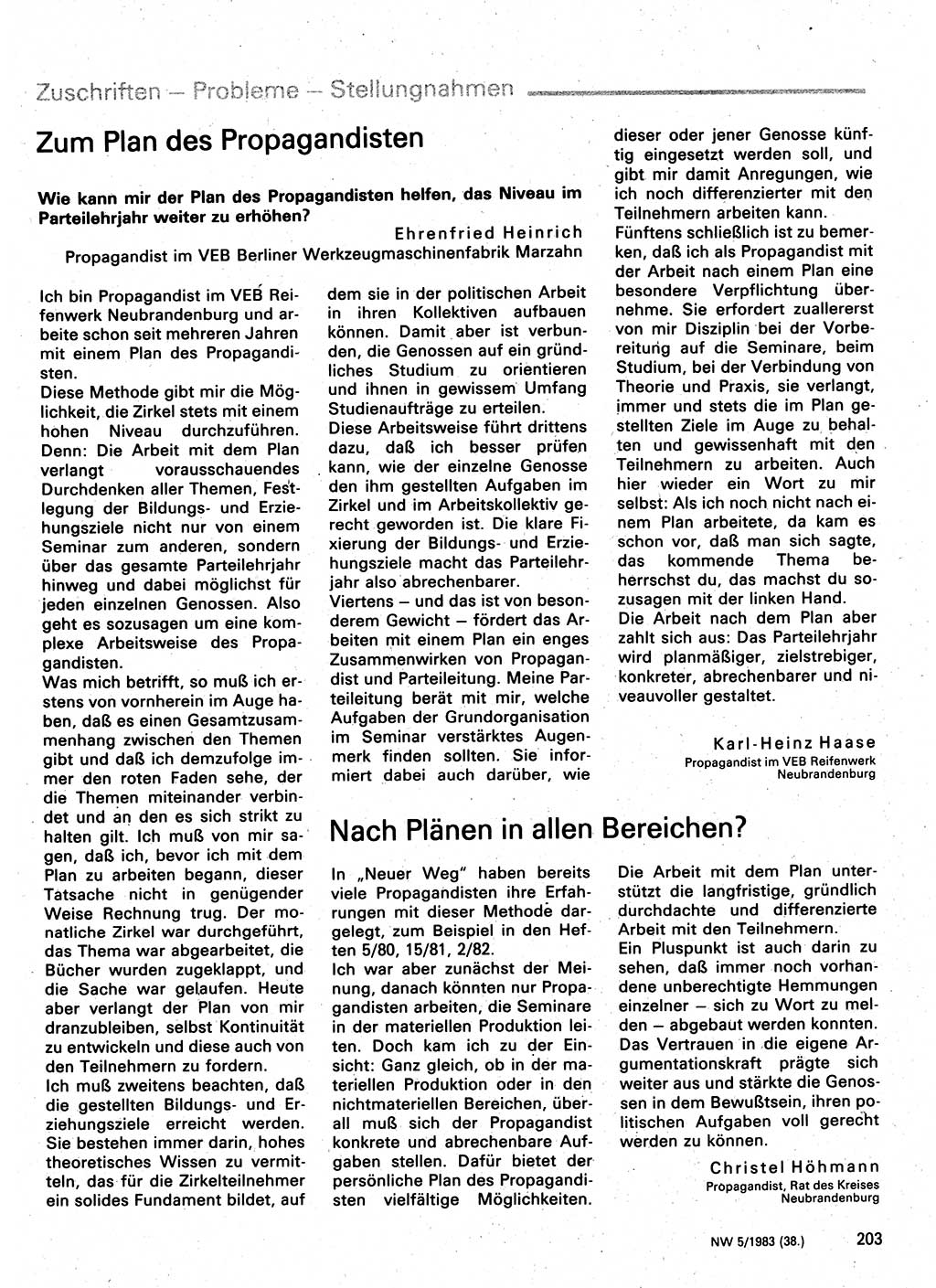 Neuer Weg (NW), Organ des Zentralkomitees (ZK) der SED (Sozialistische Einheitspartei Deutschlands) für Fragen des Parteilebens, 38. Jahrgang [Deutsche Demokratische Republik (DDR)] 1983, Seite 203 (NW ZK SED DDR 1983, S. 203)