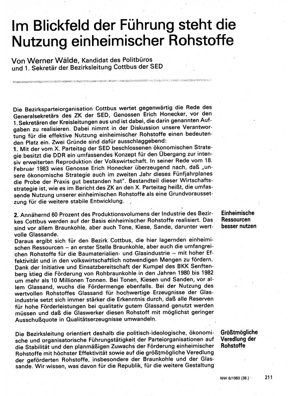 Neuer Weg (NW), Organ des Zentralkomitees (ZK) der SED (Sozialistische Einheitspartei Deutschlands) für Fragen des Parteilebens, 38. Jahrgang [Deutsche Demokratische Republik (DDR)] 1983, Seite 211 (NW ZK SED DDR 1983, S. 211)