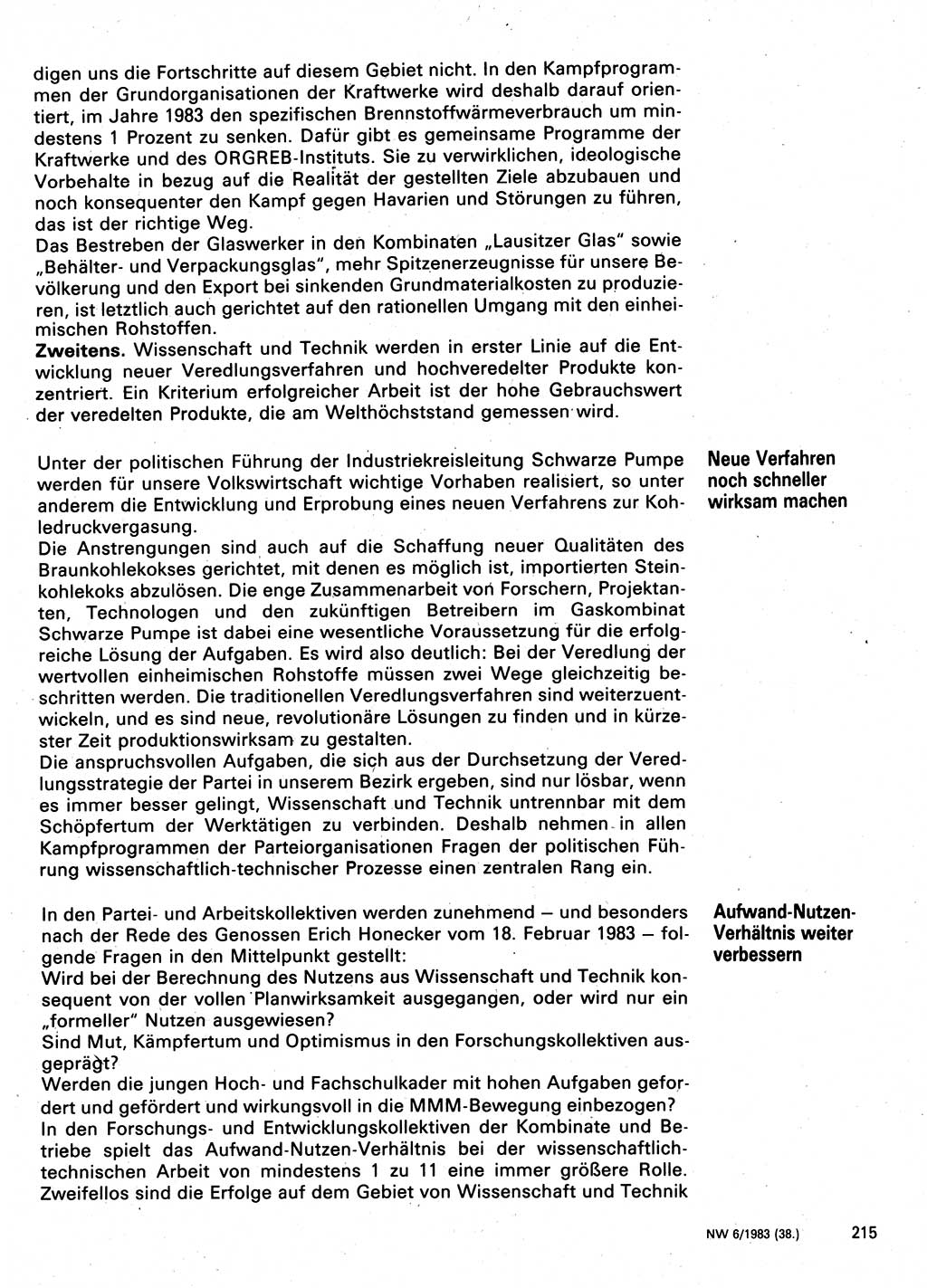 Neuer Weg (NW), Organ des Zentralkomitees (ZK) der SED (Sozialistische Einheitspartei Deutschlands) für Fragen des Parteilebens, 38. Jahrgang [Deutsche Demokratische Republik (DDR)] 1983, Seite 215 (NW ZK SED DDR 1983, S. 215)