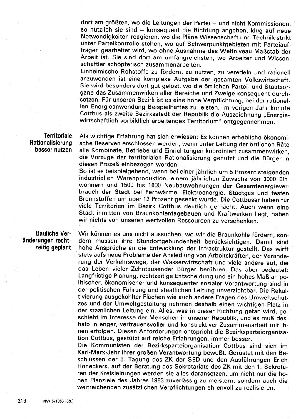 Neuer Weg (NW), Organ des Zentralkomitees (ZK) der SED (Sozialistische Einheitspartei Deutschlands) für Fragen des Parteilebens, 38. Jahrgang [Deutsche Demokratische Republik (DDR)] 1983, Seite 216 (NW ZK SED DDR 1983, S. 216)