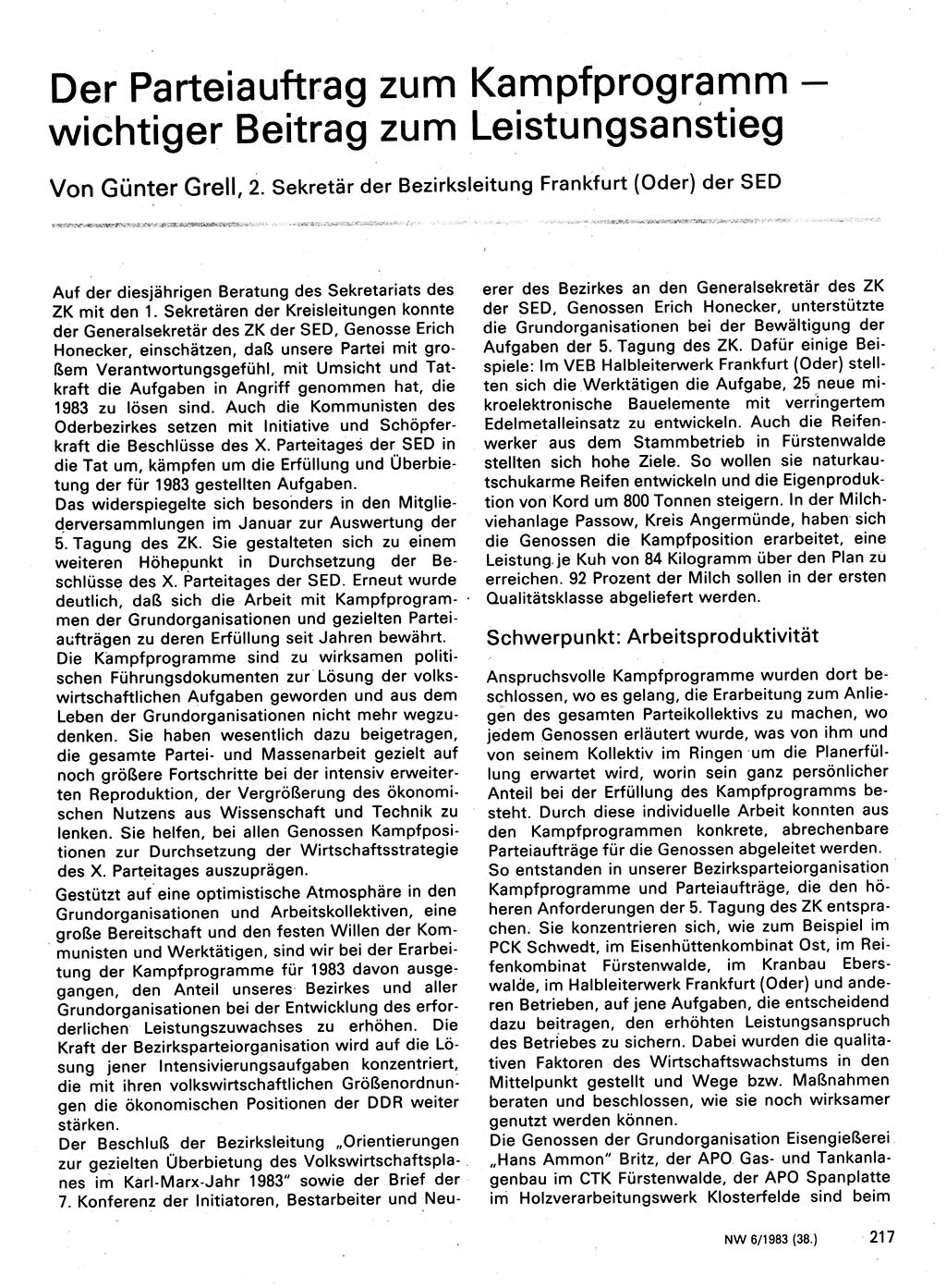 Neuer Weg (NW), Organ des Zentralkomitees (ZK) der SED (Sozialistische Einheitspartei Deutschlands) für Fragen des Parteilebens, 38. Jahrgang [Deutsche Demokratische Republik (DDR)] 1983, Seite 217 (NW ZK SED DDR 1983, S. 217)