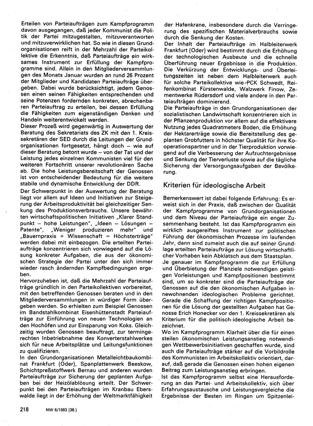 Neuer Weg (NW), Organ des Zentralkomitees (ZK) der SED (Sozialistische Einheitspartei Deutschlands) für Fragen des Parteilebens, 38. Jahrgang [Deutsche Demokratische Republik (DDR)] 1983, Seite 218 (NW ZK SED DDR 1983, S. 218)