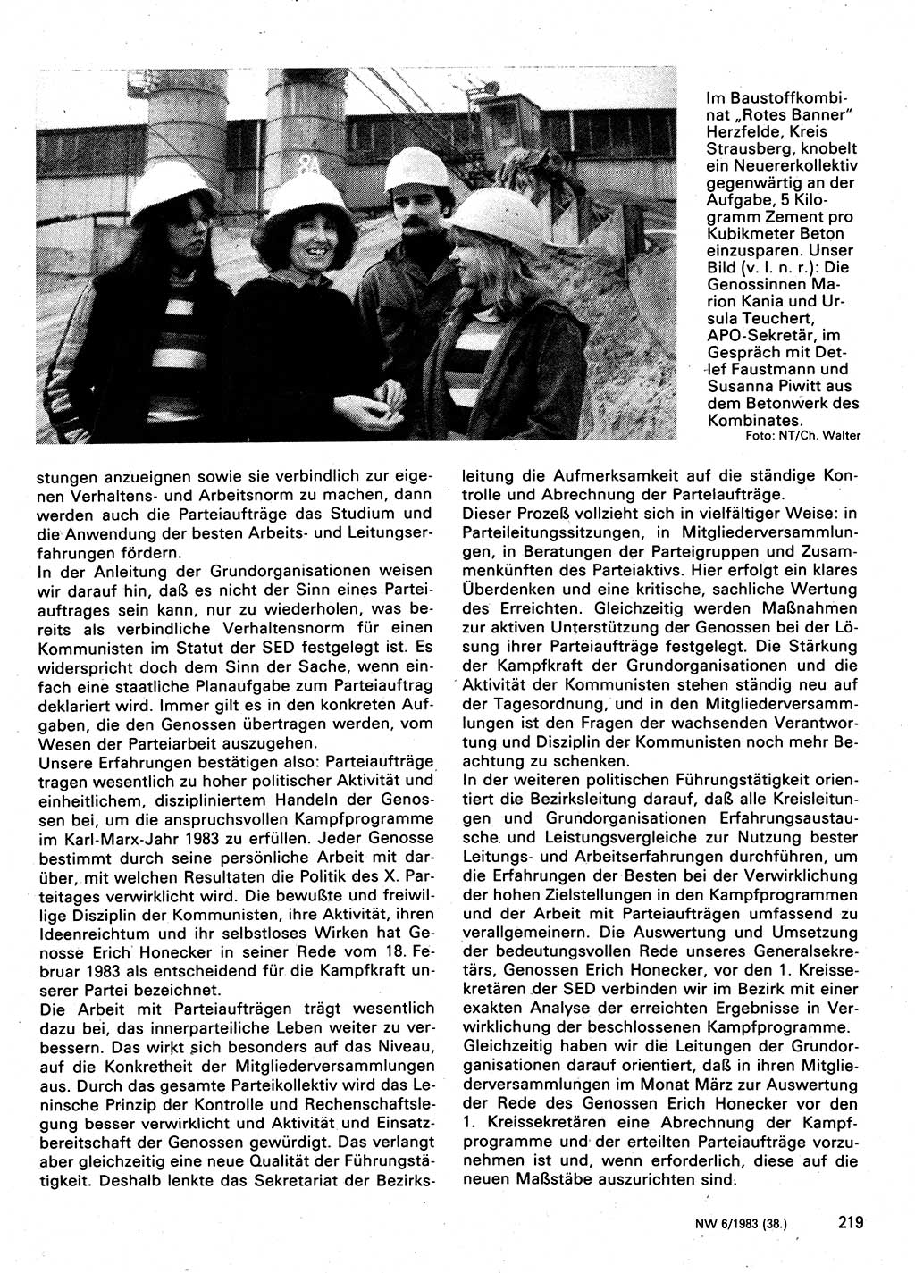 Neuer Weg (NW), Organ des Zentralkomitees (ZK) der SED (Sozialistische Einheitspartei Deutschlands) für Fragen des Parteilebens, 38. Jahrgang [Deutsche Demokratische Republik (DDR)] 1983, Seite 219 (NW ZK SED DDR 1983, S. 219)