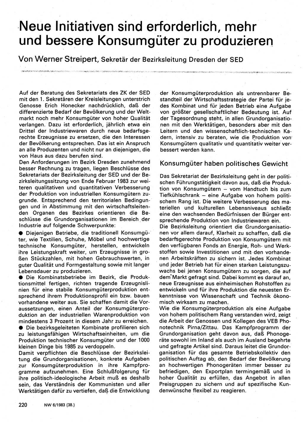 Neuer Weg (NW), Organ des Zentralkomitees (ZK) der SED (Sozialistische Einheitspartei Deutschlands) für Fragen des Parteilebens, 38. Jahrgang [Deutsche Demokratische Republik (DDR)] 1983, Seite 220 (NW ZK SED DDR 1983, S. 220)