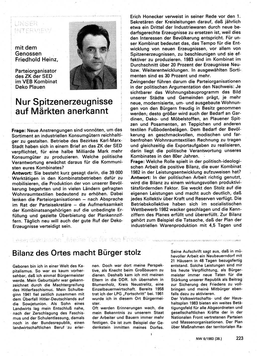 Neuer Weg (NW), Organ des Zentralkomitees (ZK) der SED (Sozialistische Einheitspartei Deutschlands) für Fragen des Parteilebens, 38. Jahrgang [Deutsche Demokratische Republik (DDR)] 1983, Seite 223 (NW ZK SED DDR 1983, S. 223)