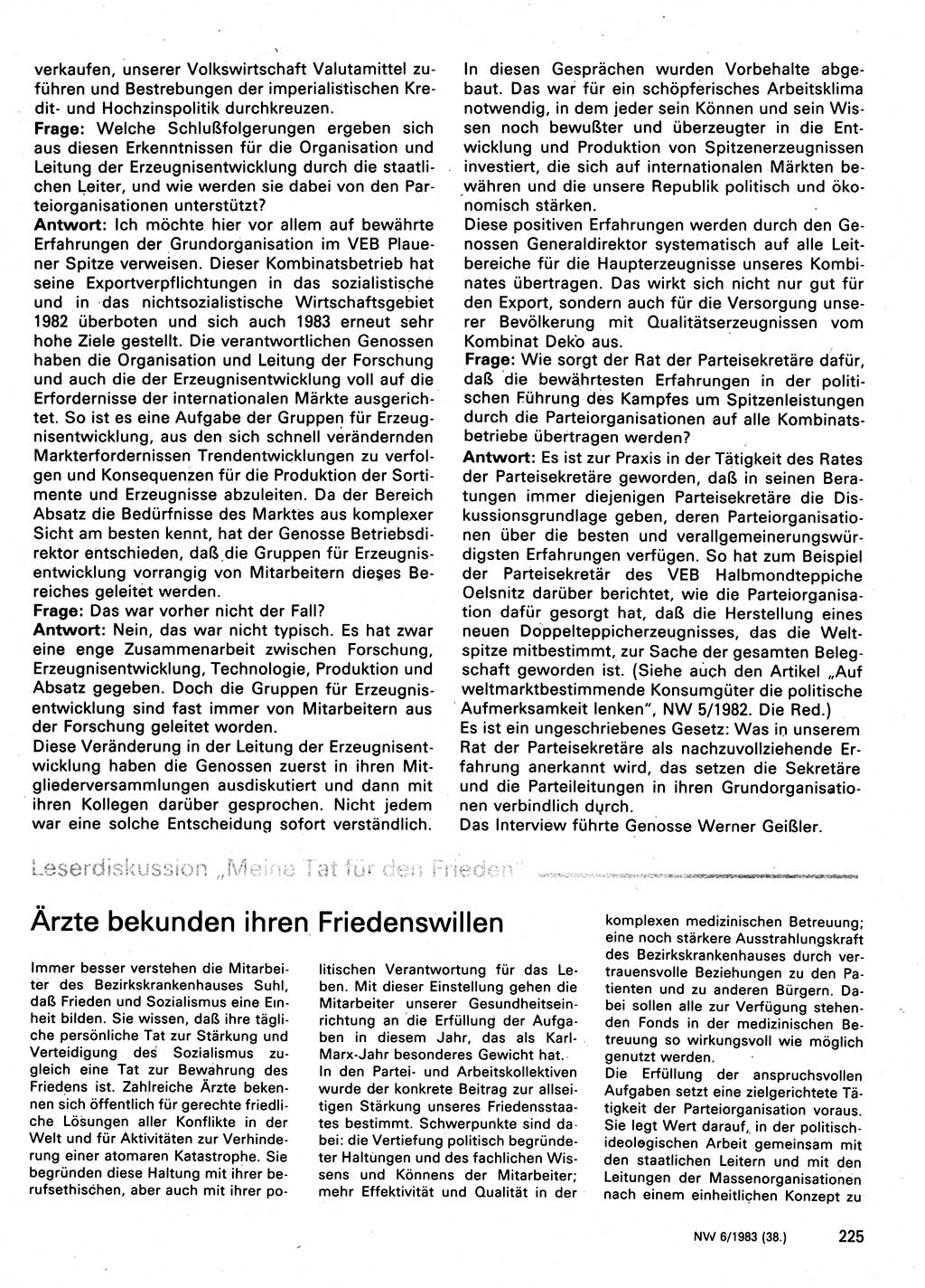 Neuer Weg (NW), Organ des Zentralkomitees (ZK) der SED (Sozialistische Einheitspartei Deutschlands) für Fragen des Parteilebens, 38. Jahrgang [Deutsche Demokratische Republik (DDR)] 1983, Seite 225 (NW ZK SED DDR 1983, S. 225)