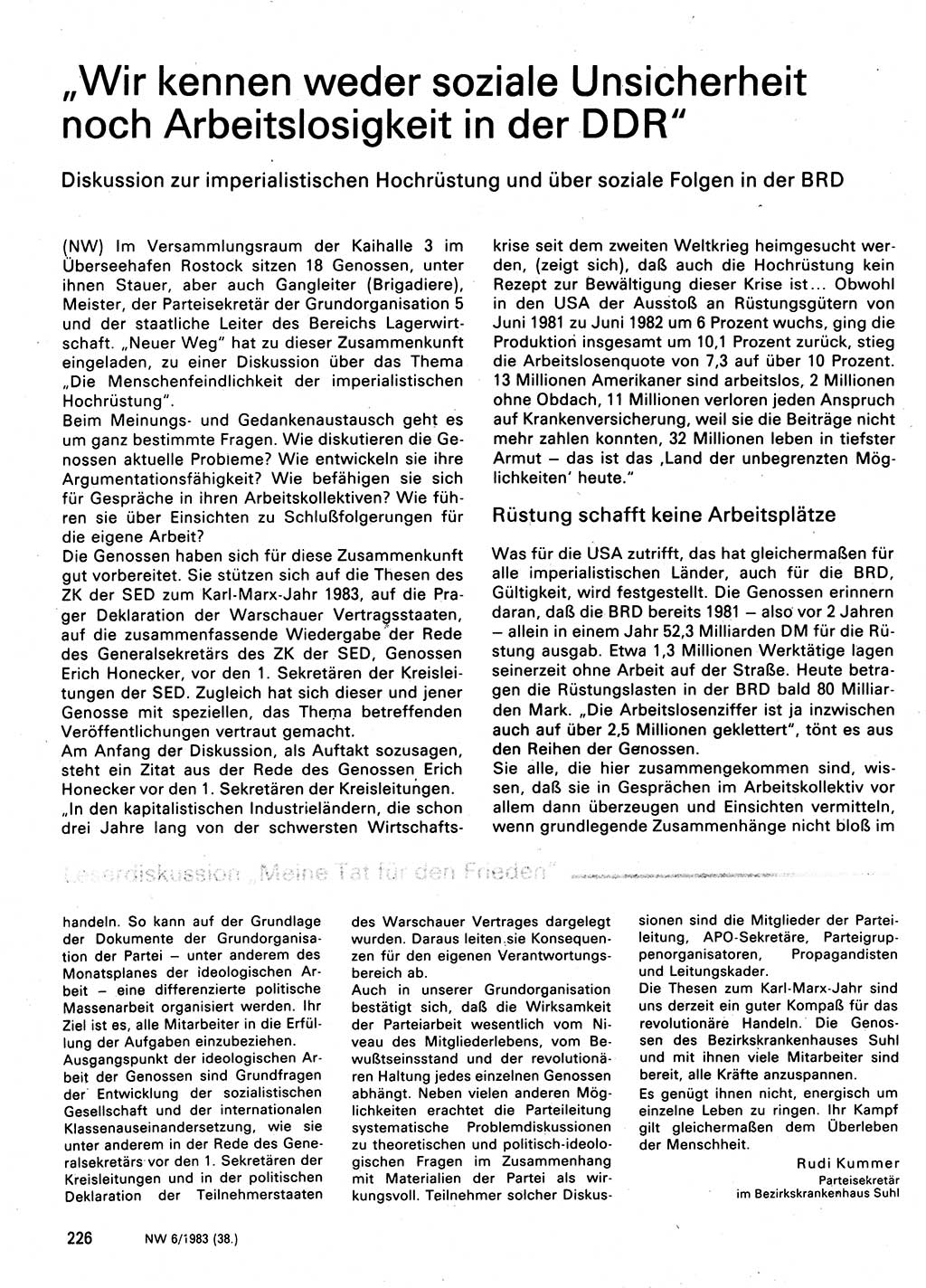 Neuer Weg (NW), Organ des Zentralkomitees (ZK) der SED (Sozialistische Einheitspartei Deutschlands) für Fragen des Parteilebens, 38. Jahrgang [Deutsche Demokratische Republik (DDR)] 1983, Seite 226 (NW ZK SED DDR 1983, S. 226)