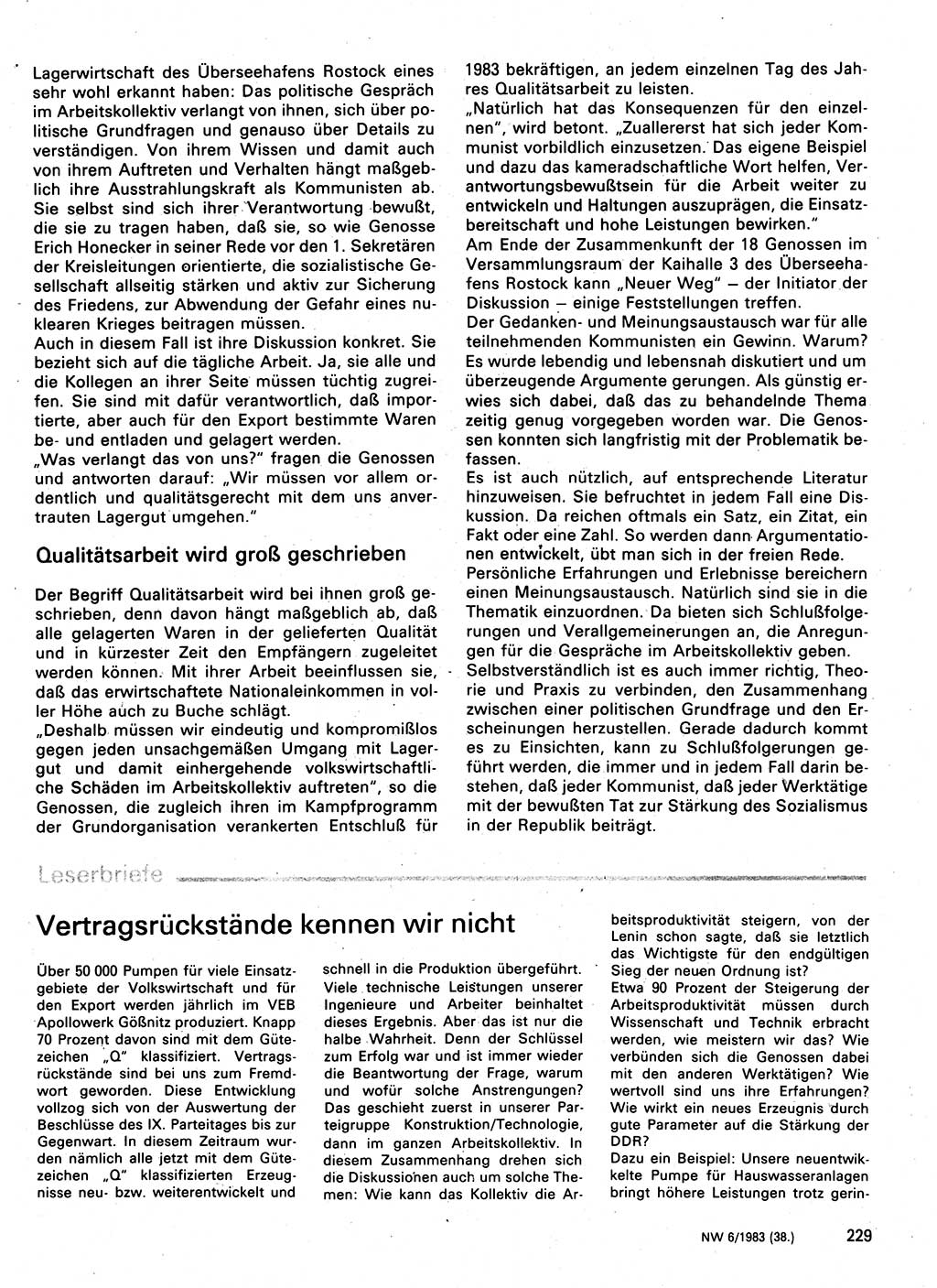 Neuer Weg (NW), Organ des Zentralkomitees (ZK) der SED (Sozialistische Einheitspartei Deutschlands) für Fragen des Parteilebens, 38. Jahrgang [Deutsche Demokratische Republik (DDR)] 1983, Seite 229 (NW ZK SED DDR 1983, S. 229)