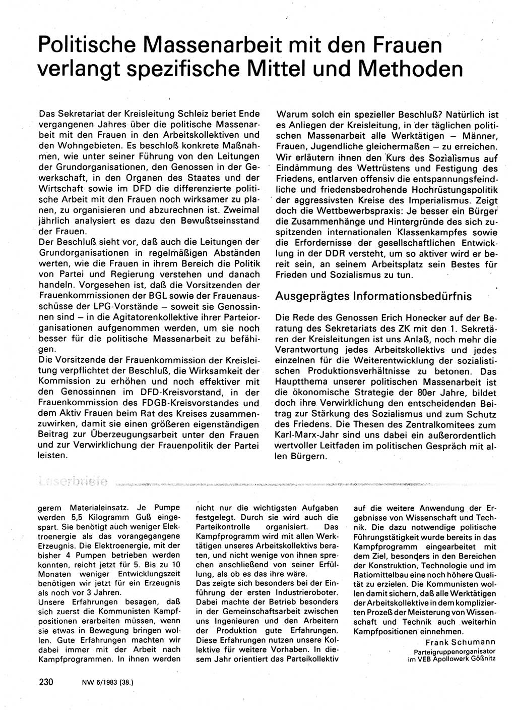 Neuer Weg (NW), Organ des Zentralkomitees (ZK) der SED (Sozialistische Einheitspartei Deutschlands) für Fragen des Parteilebens, 38. Jahrgang [Deutsche Demokratische Republik (DDR)] 1983, Seite 230 (NW ZK SED DDR 1983, S. 230)