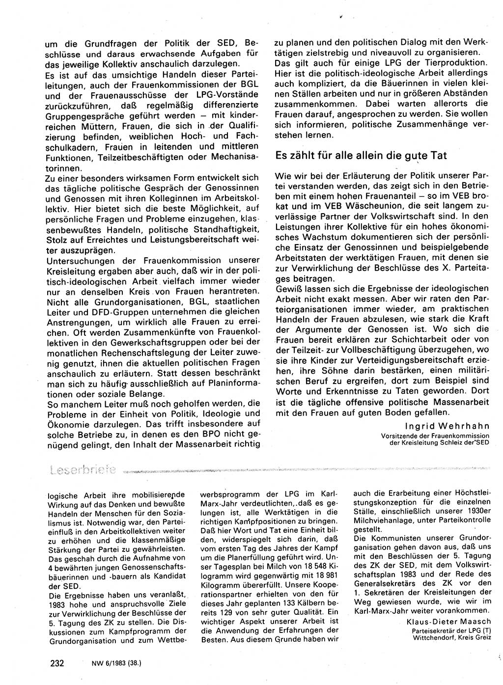 Neuer Weg (NW), Organ des Zentralkomitees (ZK) der SED (Sozialistische Einheitspartei Deutschlands) für Fragen des Parteilebens, 38. Jahrgang [Deutsche Demokratische Republik (DDR)] 1983, Seite 232 (NW ZK SED DDR 1983, S. 232)