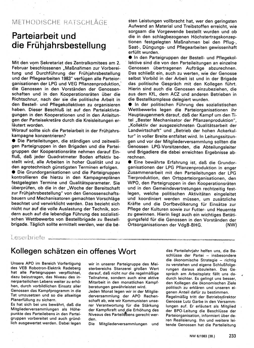 Neuer Weg (NW), Organ des Zentralkomitees (ZK) der SED (Sozialistische Einheitspartei Deutschlands) für Fragen des Parteilebens, 38. Jahrgang [Deutsche Demokratische Republik (DDR)] 1983, Seite 233 (NW ZK SED DDR 1983, S. 233)