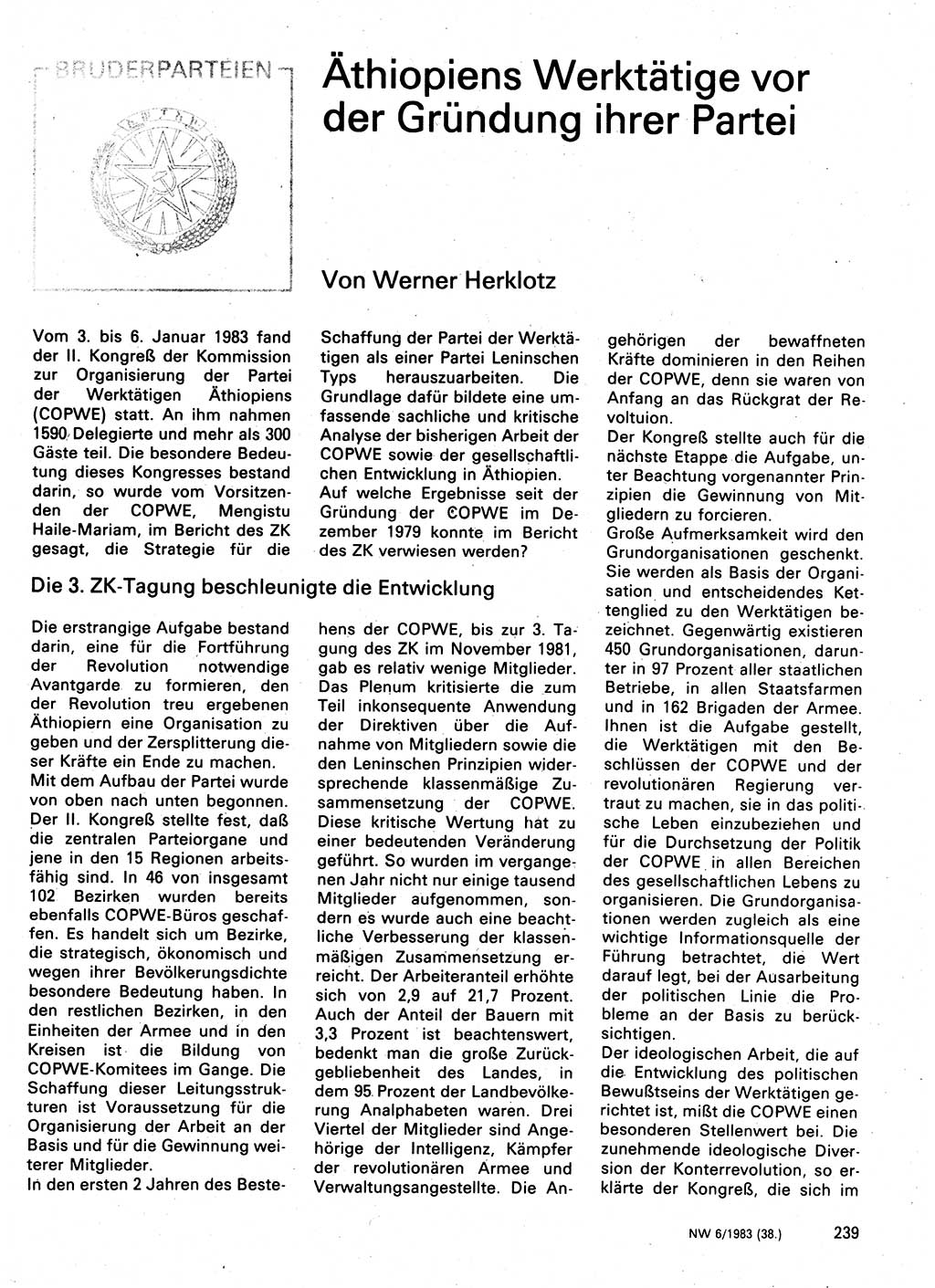 Neuer Weg (NW), Organ des Zentralkomitees (ZK) der SED (Sozialistische Einheitspartei Deutschlands) für Fragen des Parteilebens, 38. Jahrgang [Deutsche Demokratische Republik (DDR)] 1983, Seite 239 (NW ZK SED DDR 1983, S. 239)