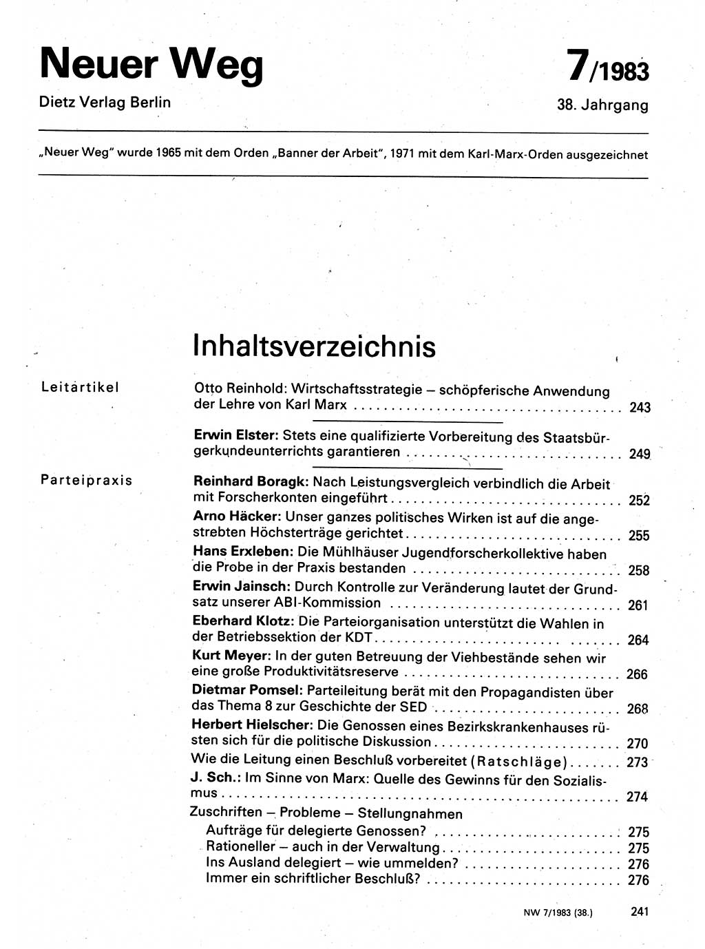 Neuer Weg (NW), Organ des Zentralkomitees (ZK) der SED (Sozialistische Einheitspartei Deutschlands) für Fragen des Parteilebens, 38. Jahrgang [Deutsche Demokratische Republik (DDR)] 1983, Seite 241 (NW ZK SED DDR 1983, S. 241)