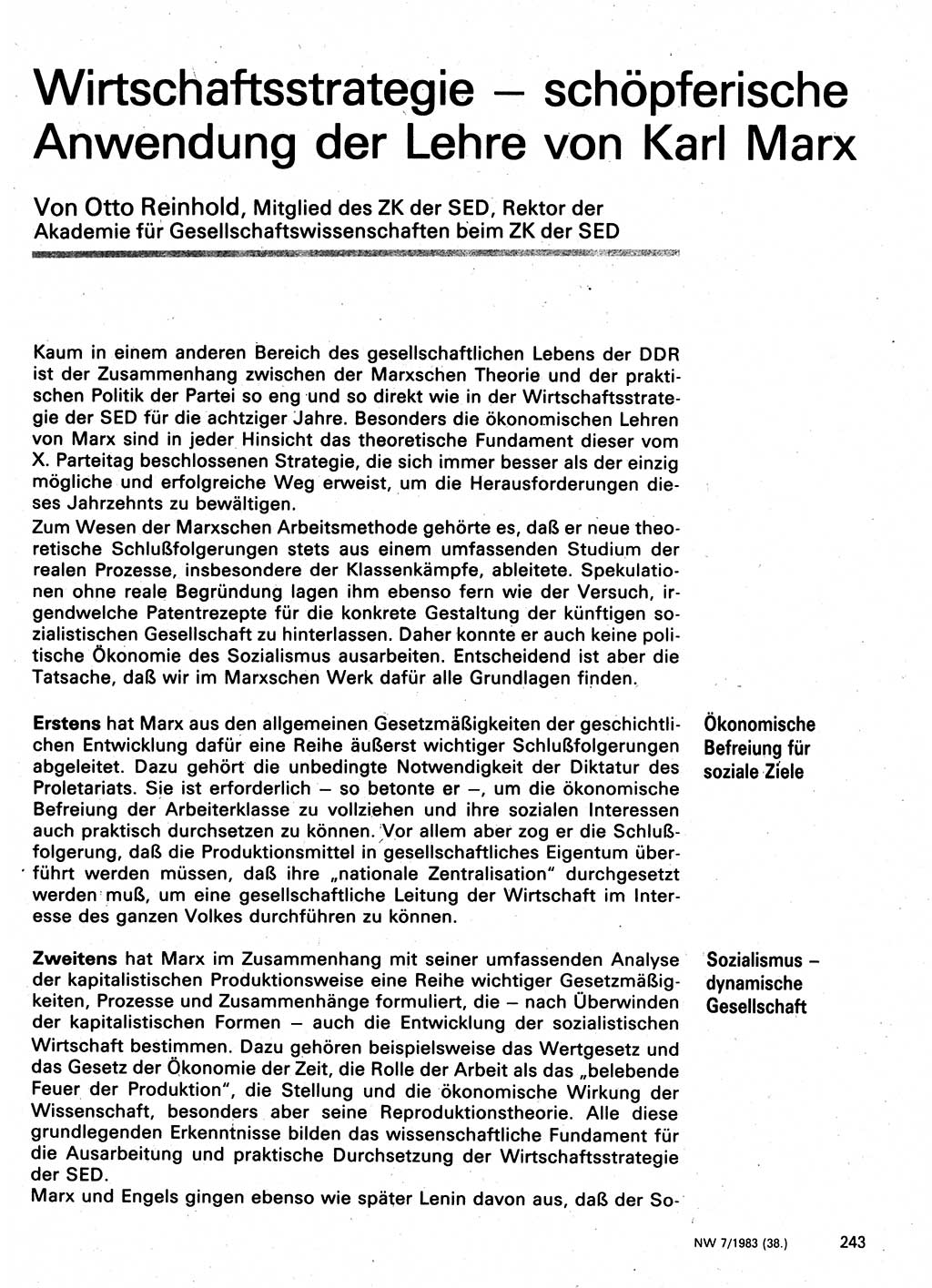 Neuer Weg (NW), Organ des Zentralkomitees (ZK) der SED (Sozialistische Einheitspartei Deutschlands) für Fragen des Parteilebens, 38. Jahrgang [Deutsche Demokratische Republik (DDR)] 1983, Seite 243 (NW ZK SED DDR 1983, S. 243)
