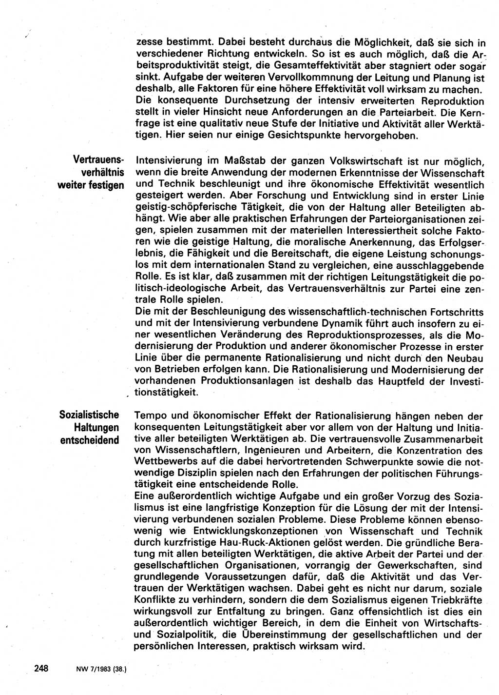 Neuer Weg (NW), Organ des Zentralkomitees (ZK) der SED (Sozialistische Einheitspartei Deutschlands) für Fragen des Parteilebens, 38. Jahrgang [Deutsche Demokratische Republik (DDR)] 1983, Seite 248 (NW ZK SED DDR 1983, S. 248)
