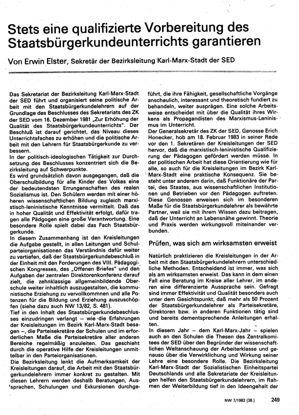 Neuer Weg (NW), Organ des Zentralkomitees (ZK) der SED (Sozialistische Einheitspartei Deutschlands) für Fragen des Parteilebens, 38. Jahrgang [Deutsche Demokratische Republik (DDR)] 1983, Seite 249 (NW ZK SED DDR 1983, S. 249)