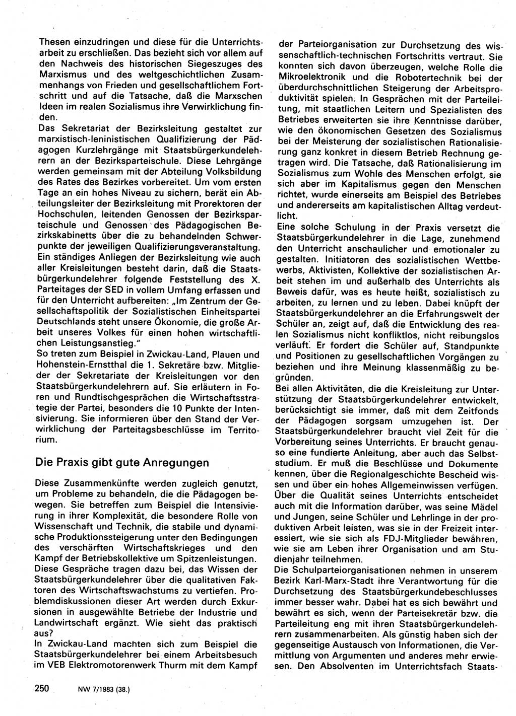 Neuer Weg (NW), Organ des Zentralkomitees (ZK) der SED (Sozialistische Einheitspartei Deutschlands) für Fragen des Parteilebens, 38. Jahrgang [Deutsche Demokratische Republik (DDR)] 1983, Seite 250 (NW ZK SED DDR 1983, S. 250)