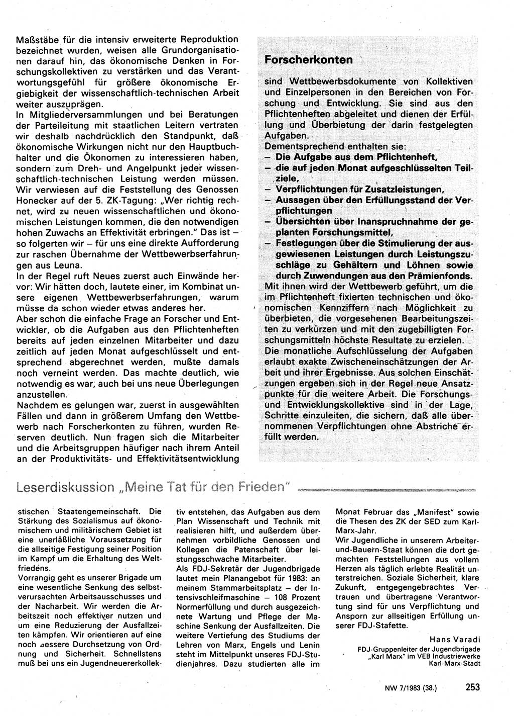 Neuer Weg (NW), Organ des Zentralkomitees (ZK) der SED (Sozialistische Einheitspartei Deutschlands) für Fragen des Parteilebens, 38. Jahrgang [Deutsche Demokratische Republik (DDR)] 1983, Seite 253 (NW ZK SED DDR 1983, S. 253)